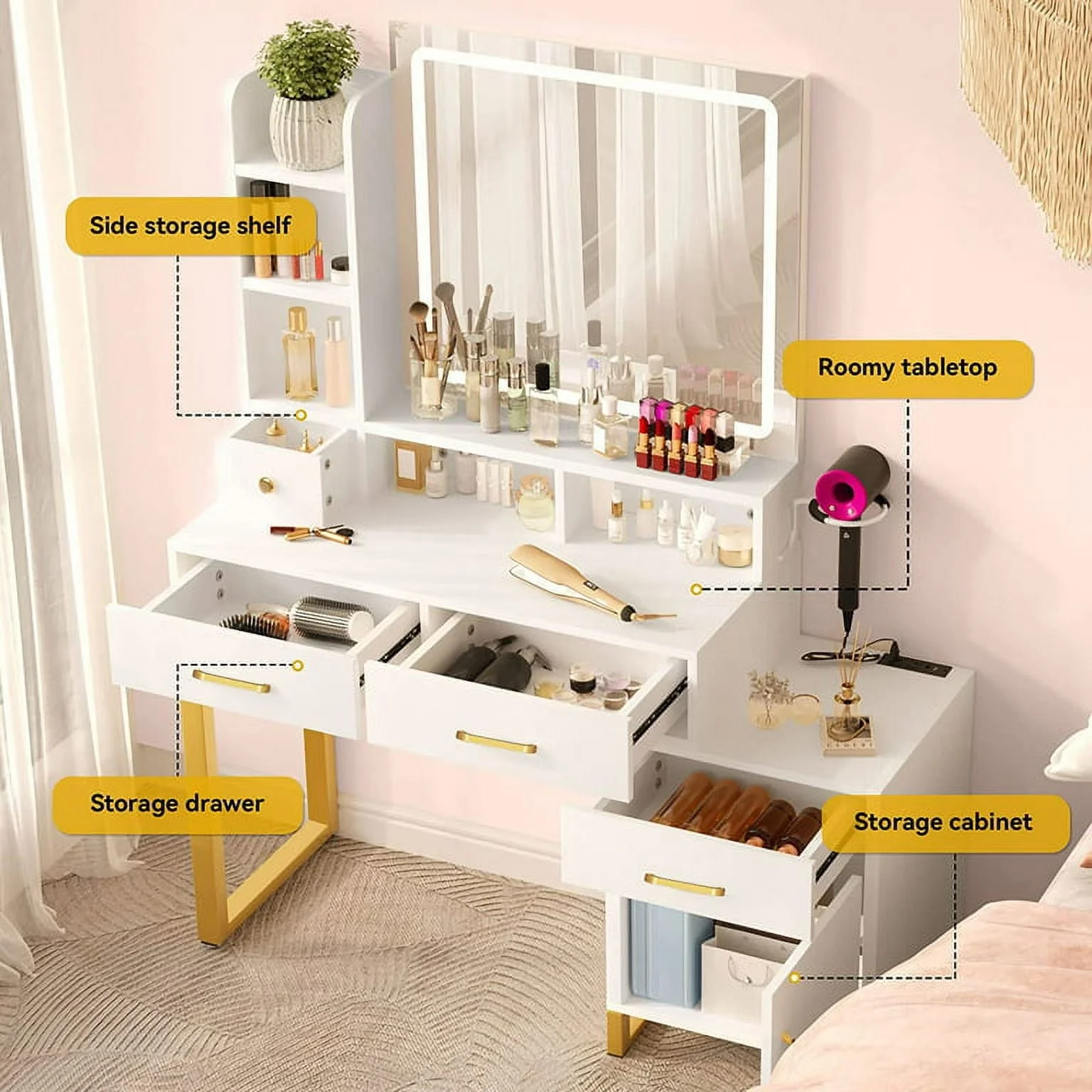 Dextrus Vanity Desk with Mirror and Lights, Makeup Vanity with Lights and Drawers, Vanity Mirror with Lights and Table Set, 3 Color Adjustable Lighting Brightness & Power Outlet, White