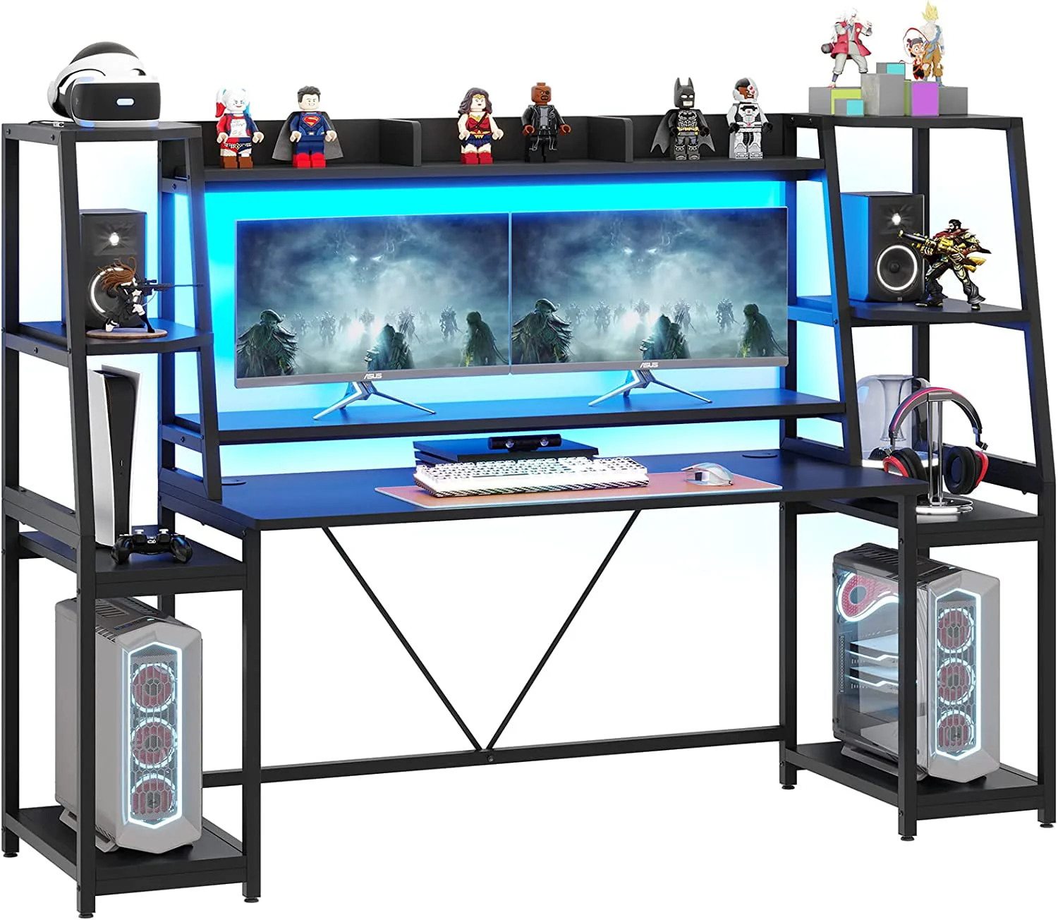 SEDETA 78.8'' Gaming Desk with Hutch and Storage Shelves,LED Lights Computer Desk Gamer Desk, Black