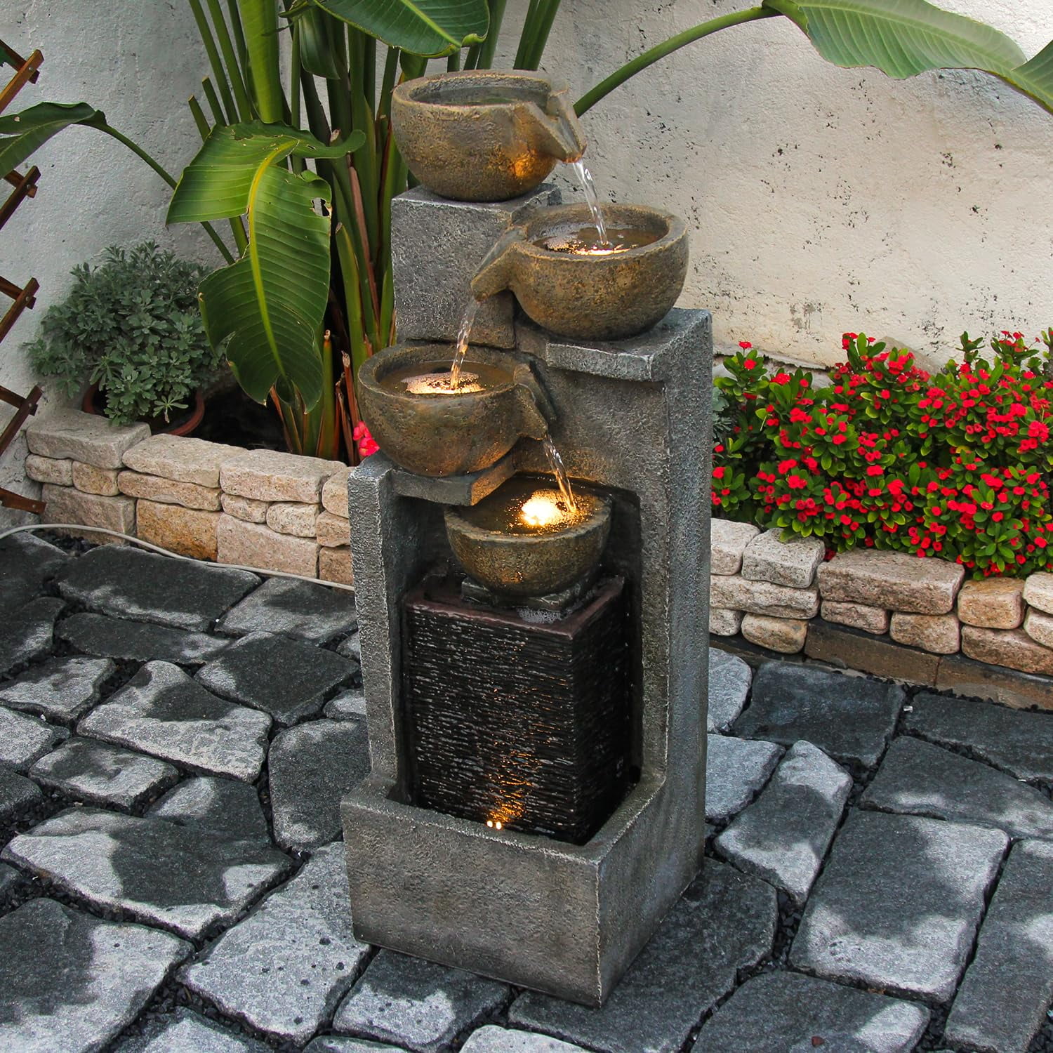 5-Tier Water Fountain Outdoor Garden Waterfall Fountains Indoor Bowl Cascading Water Feature with Led Lights for Home Deck Patio Porch Yard Decor 37.4