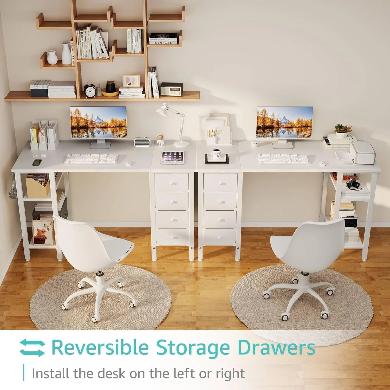 Lufeiya White Desk with Drawers & Storage Shelves, 47 Inch Study Work Writing Desk for Home Office Bedroom, Simple Modern Cute PC Computer Desks Table, White