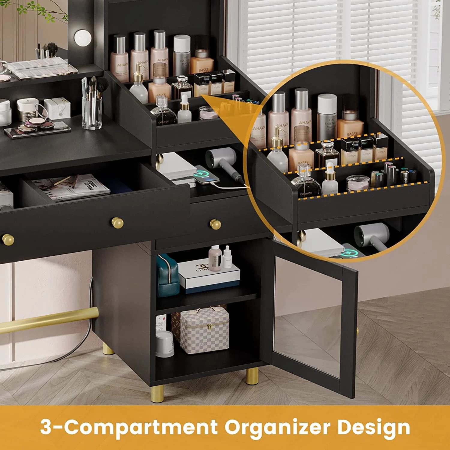Makeup Vanity Desk with Lighted Mirror and Drawers, Vanity Desk Table Dressing Table with Charging Station & Lights for Bedroom, Black
