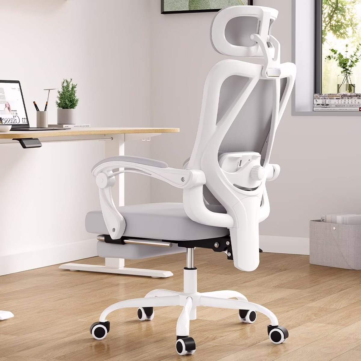 STARY Ergonomic Office Chair with Footrest, High Back Mesh Desk Chair with Adjustable Headrest & Lumbar Support, Comfortable Computer Chair for Home Office Study, White & Beige