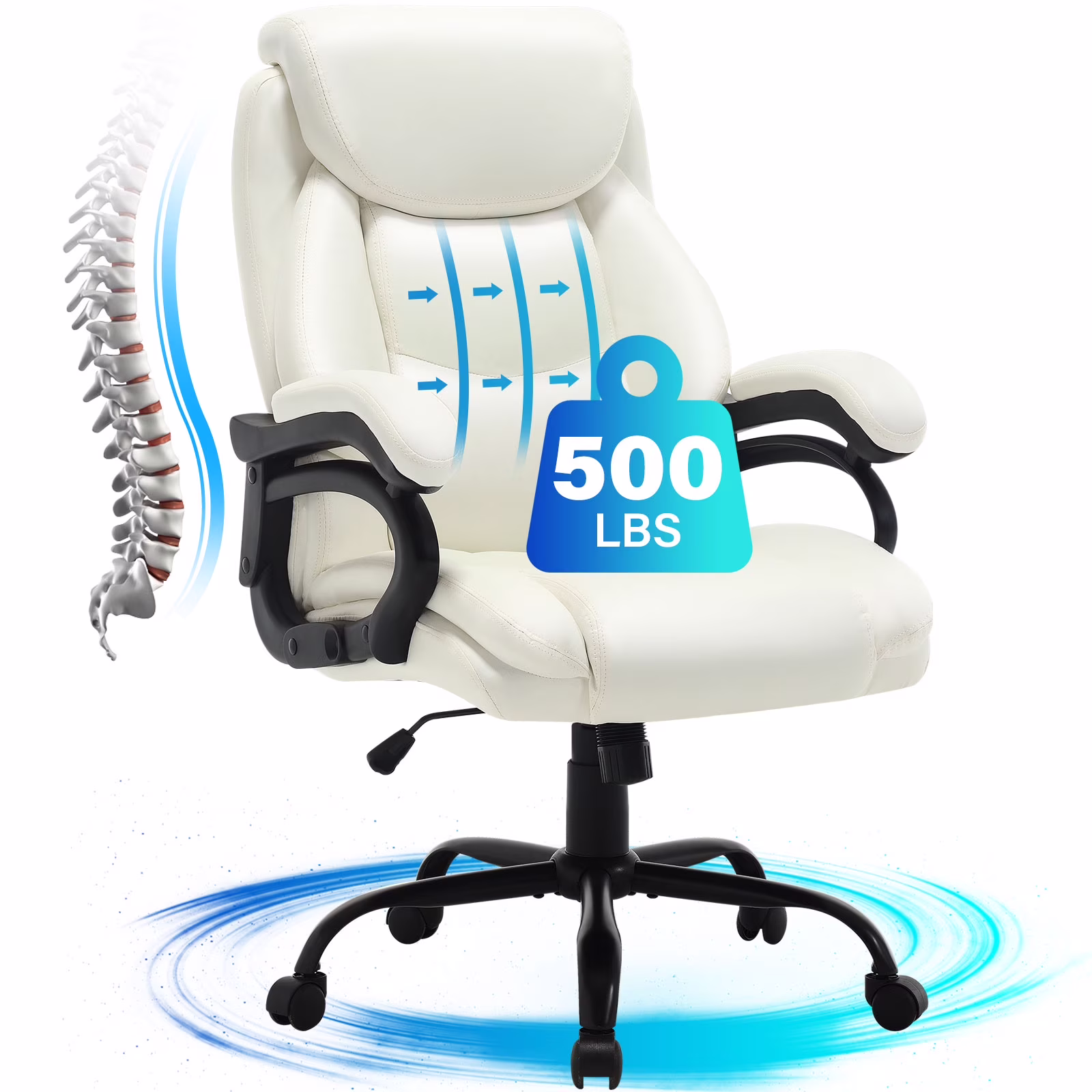 JONPONY Big and Tall Office Chair 500LBS Wide Seat Ergonomic Computer Desk Chair High Back Executive Leather Chair Adjustable Task Chair Lumbar Back Support 8 Hours Heavy Duty Design,Black