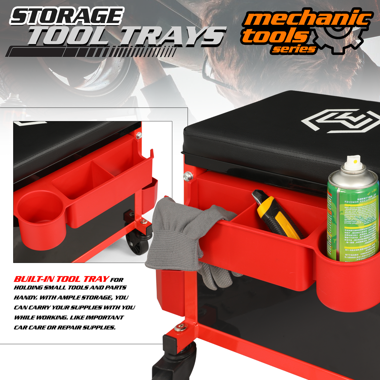 M-AUTO Adjustable Rectangular Roller Tool Box Padded Chair with Storage Tool Tray & Cabinet, 350 lbs Capacity with Casters - Red