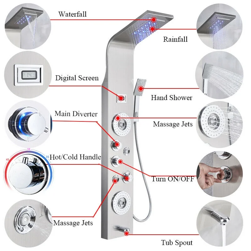 Bathroom Senlesen Stainless Steel LED Shower Panel Tower Faucet Set System Massage Body Jet
