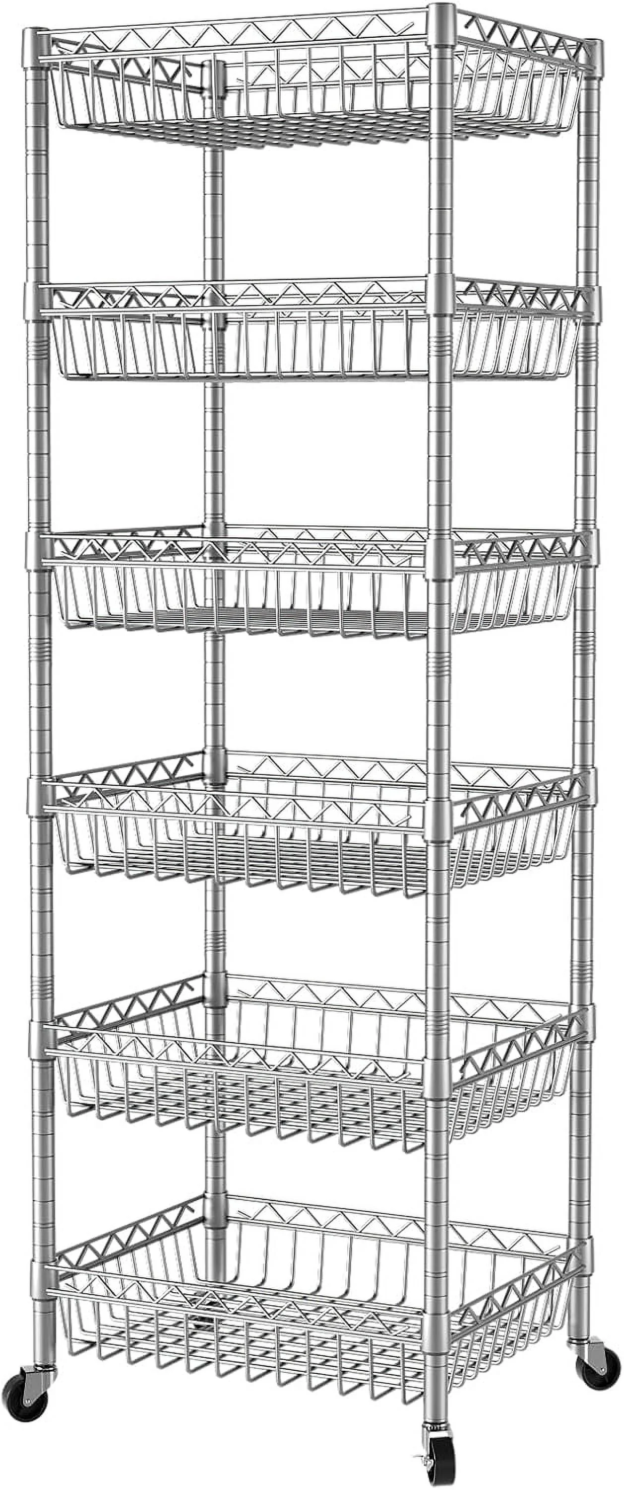 6 Tier Wire Shelving Unit with Wheels Baskets Storage Rack Corner Shelves Adjustable Shelf Closet Bathroom Organizers Metal Pantry Kitchen Garage Laundry Room 13.5