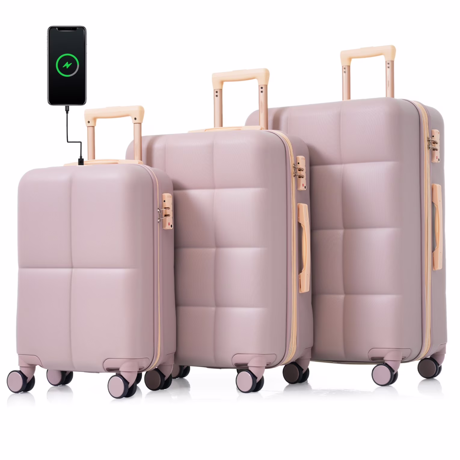 3 Piece Luggage Set , 20/24/28 inches Suitcase Set , ABS Hardshell Expandable Luggage Sets with TSA Lock,20-inch with USB Port, Carry On Luggage for Men Women, Pink