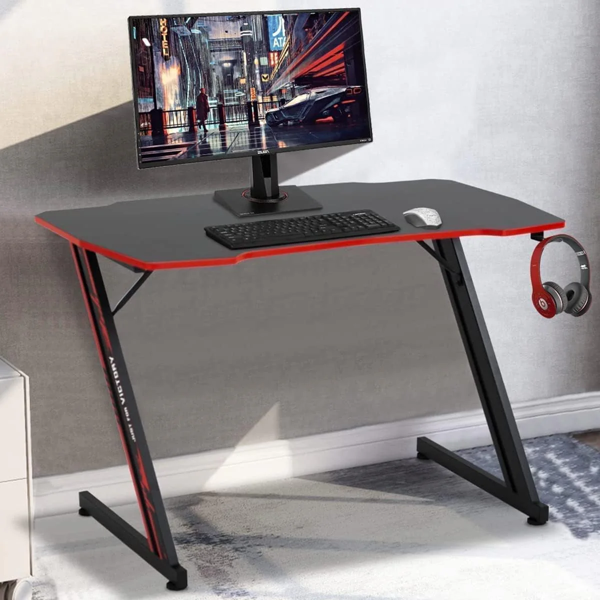 47 inch Z-Shaped Gaming Desk Computer Desk, Ergonomic Writing Office Desk Racing Style PC Gaming Table Workstation with Headphone Hook for Game Players, Red