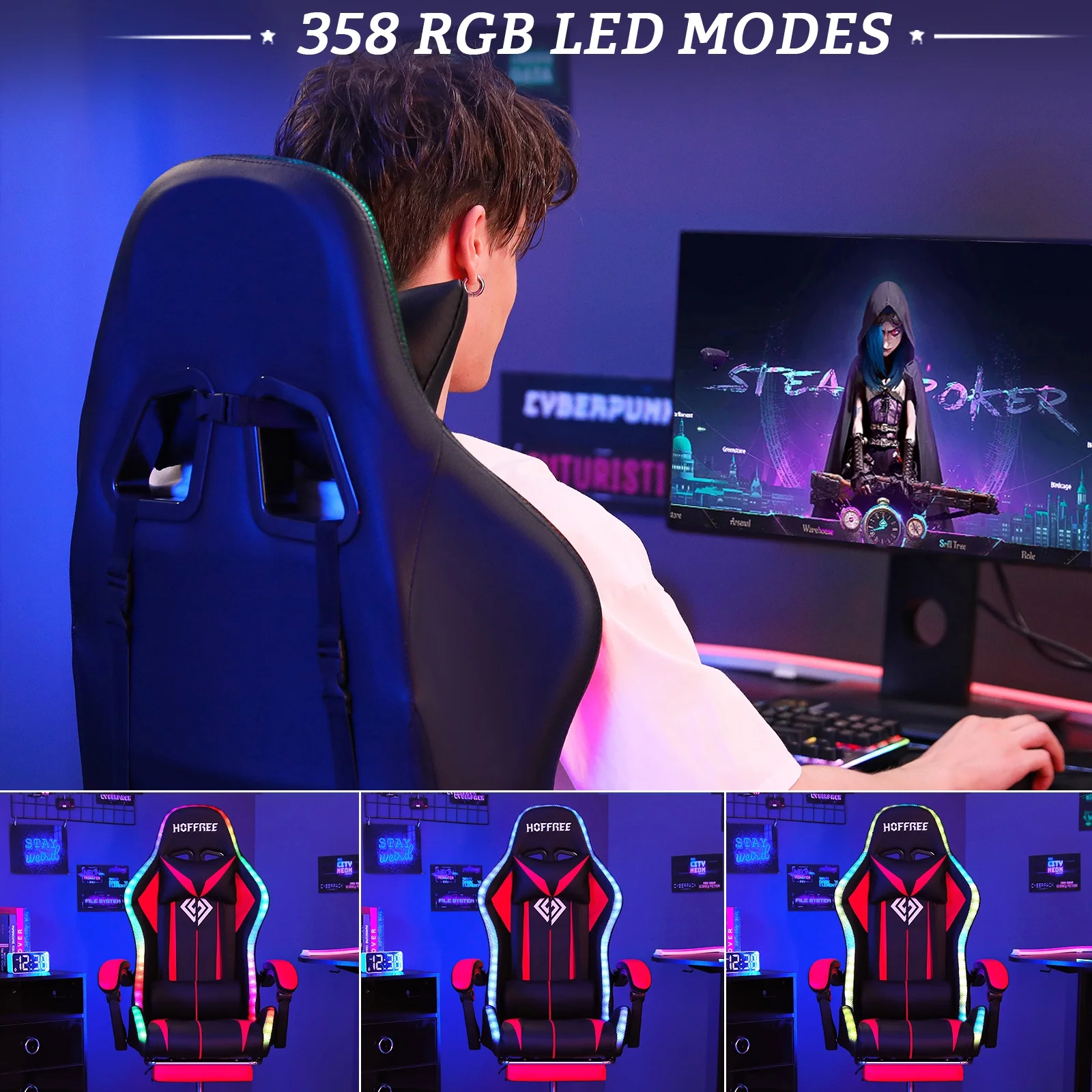 Hoffree Gaming Chair with Massage PU Leather Office Chair with Footrest and LED Light Ergonomic Gamer Chair Lumbar Support Adjustable Headrest High Back Computer Desk Chair for Home Office