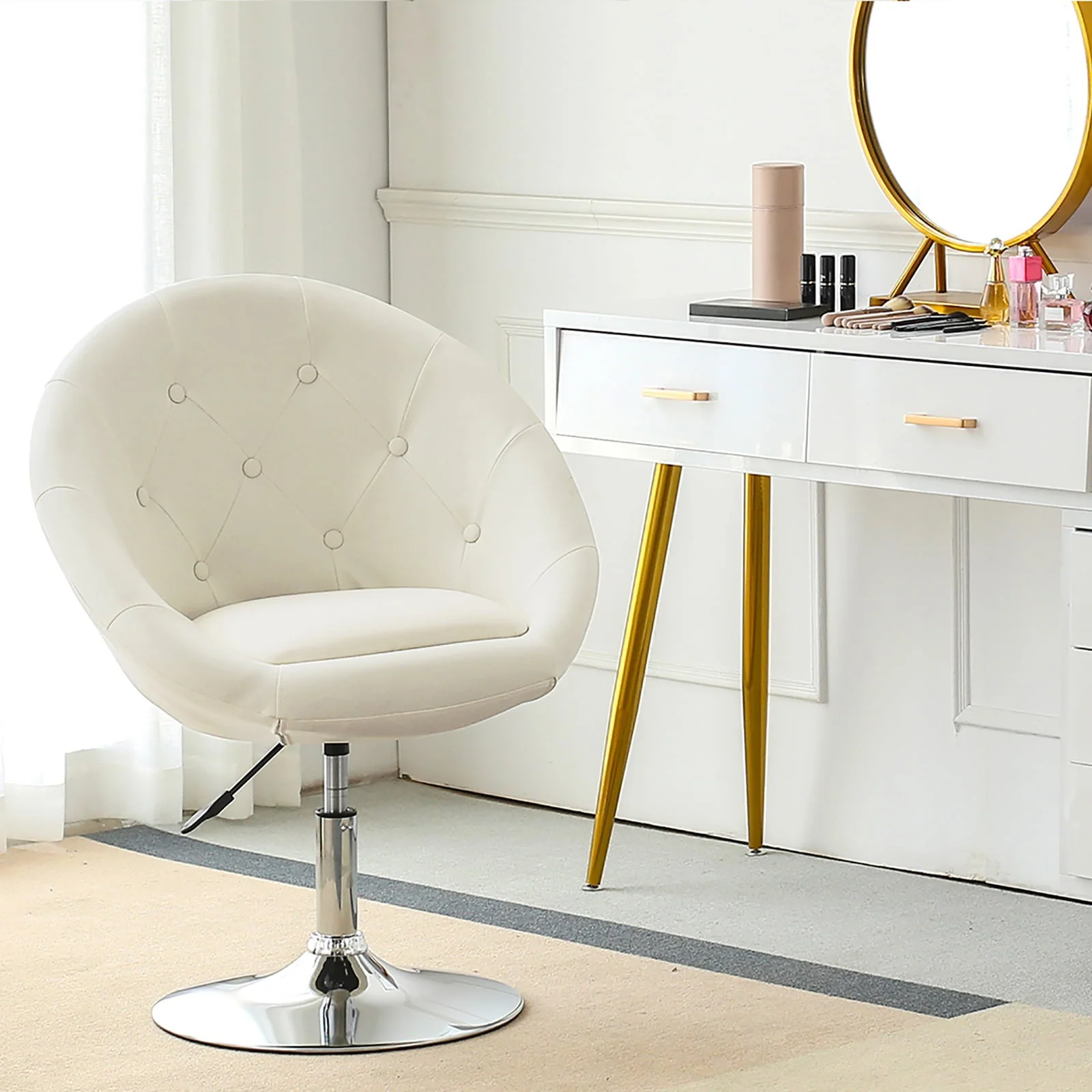 Duhome Modern Vanity Make-up Accent Chair PU Leather Desk Chair Round Swivel Tufted Adjustable Lounge Chair for Bedroom White