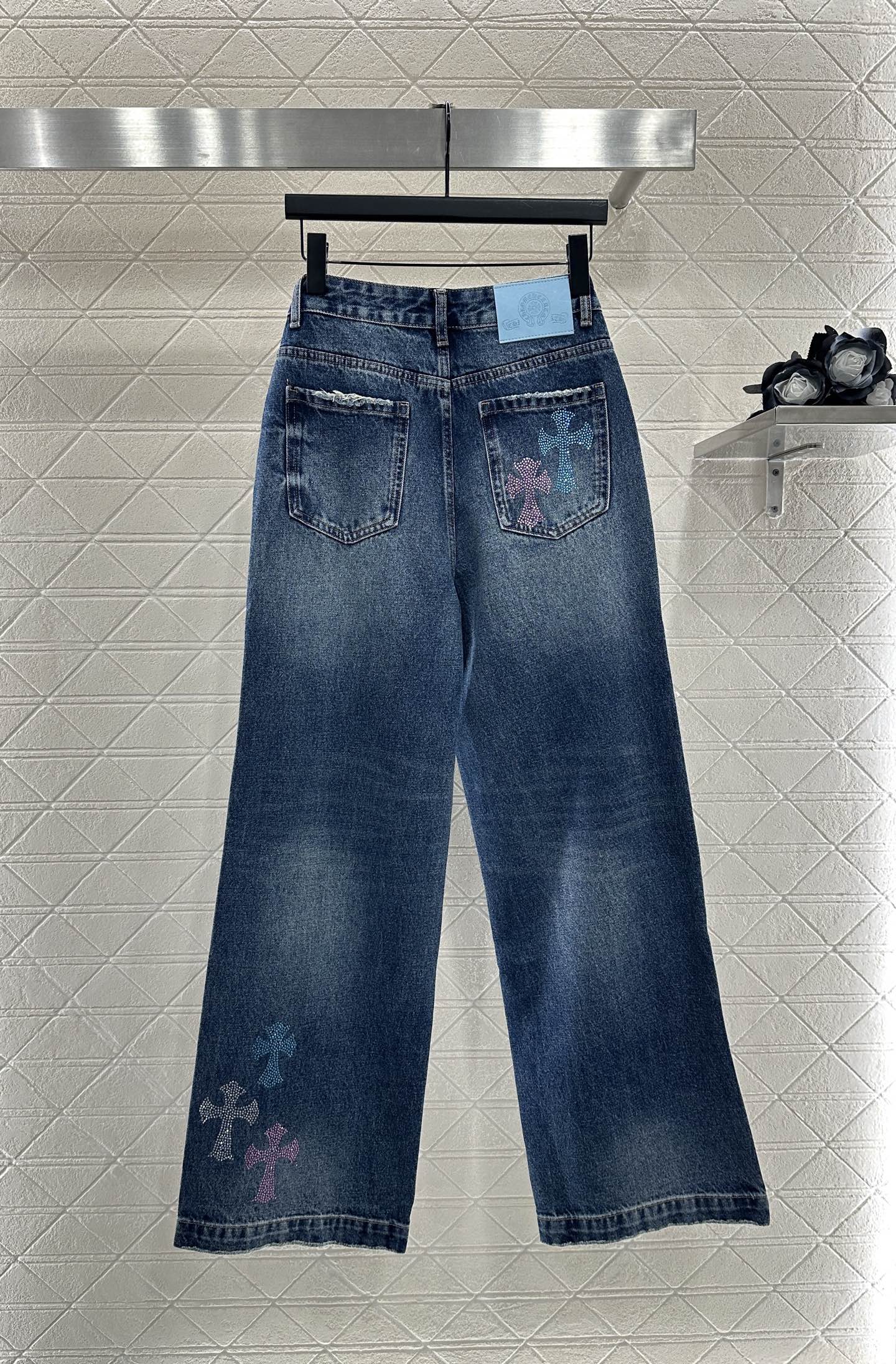 Rhinestone Denim Cross Trousers