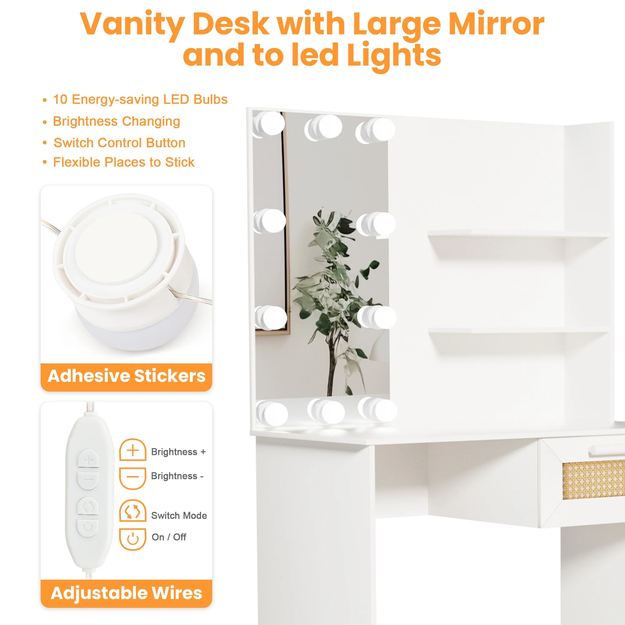 Resenkos Vanity Desk Set with Mirror and Lights for Makeup, 5 Drawers Storage Dresser for Bedroom, White