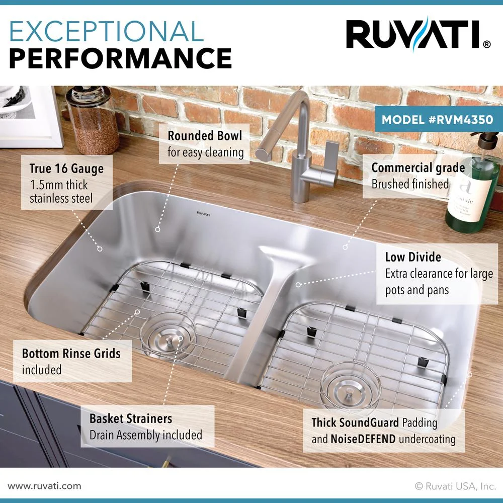 Ruvati 32-inch Low-Divide 50/50 Double Bowl Undermount 16 Gauge Kitchen Sink