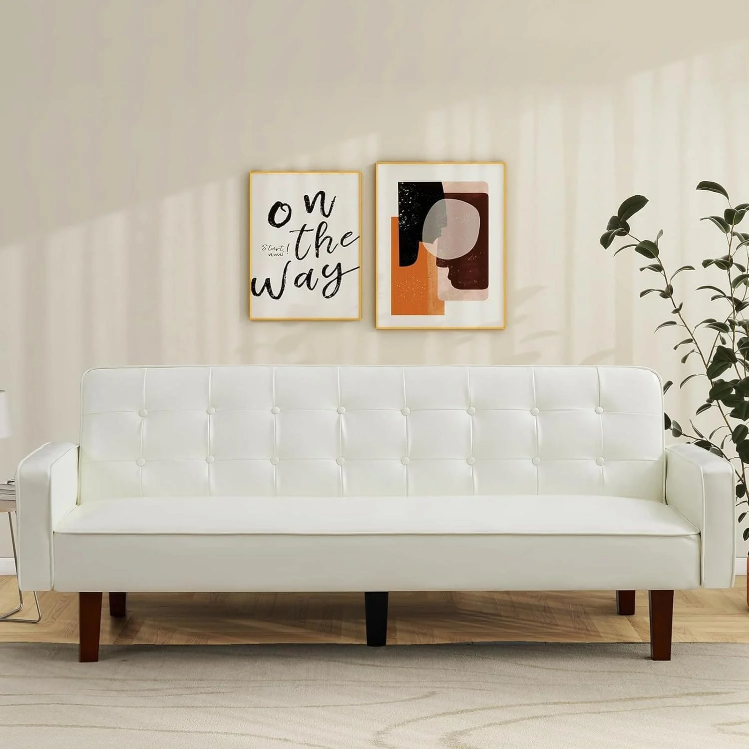 Milemont Faux Leather Futon Sofa Bed Sleeper Couch, Mid Century Button Tufted Upholstered Convertible Sofa Bed with Wooden Legs Black