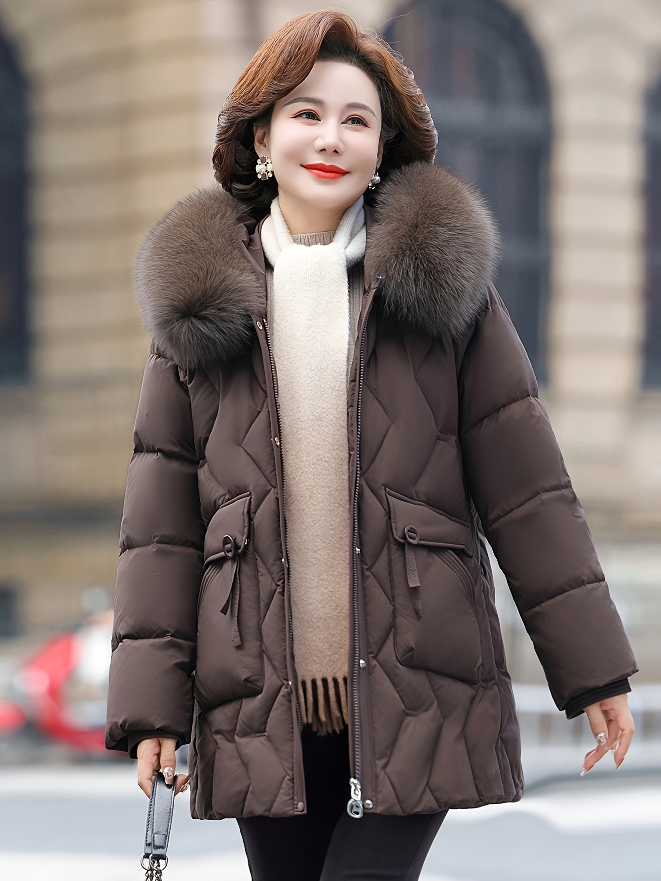 Winter Women’s Casual Midi Down Jacket, Solid Color Long Sleeve Polyester Coat