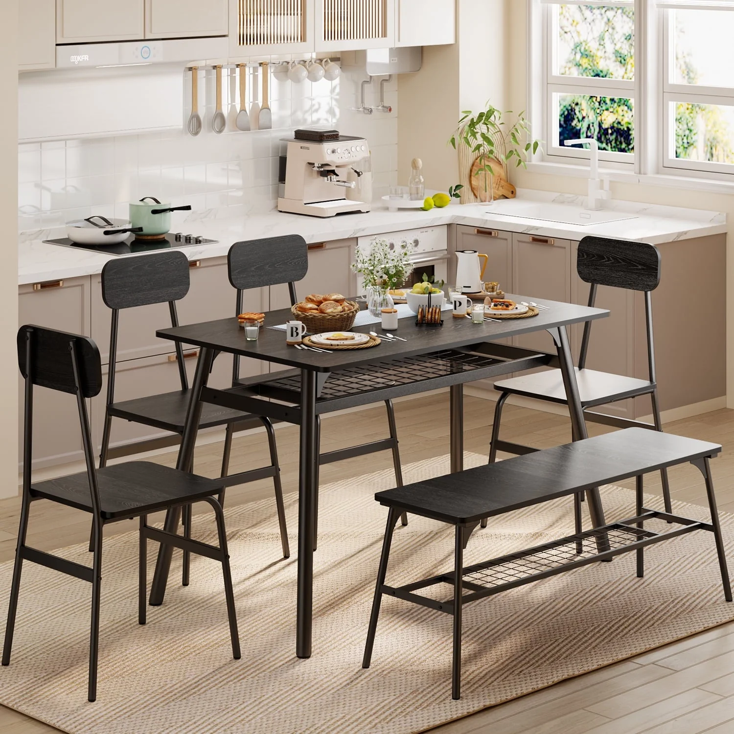Lofka Dining Table Set for 6 People with 4 Back Chairs and Bench, 440 lbs, Retro
