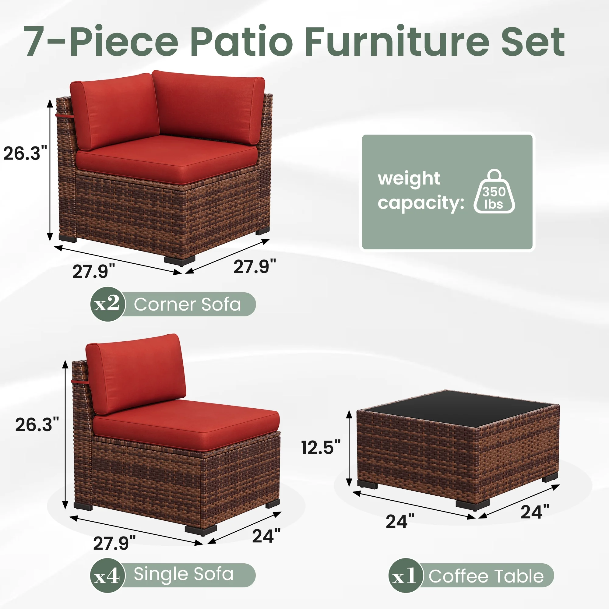 Poteban 7 Pieces Outdoor Sectional Sofa Set , PE Wicker Rattan Slanted Back Outdoor Conversation with Cushions and Glass Coffee Table for Backyard Garden, Dark Gray