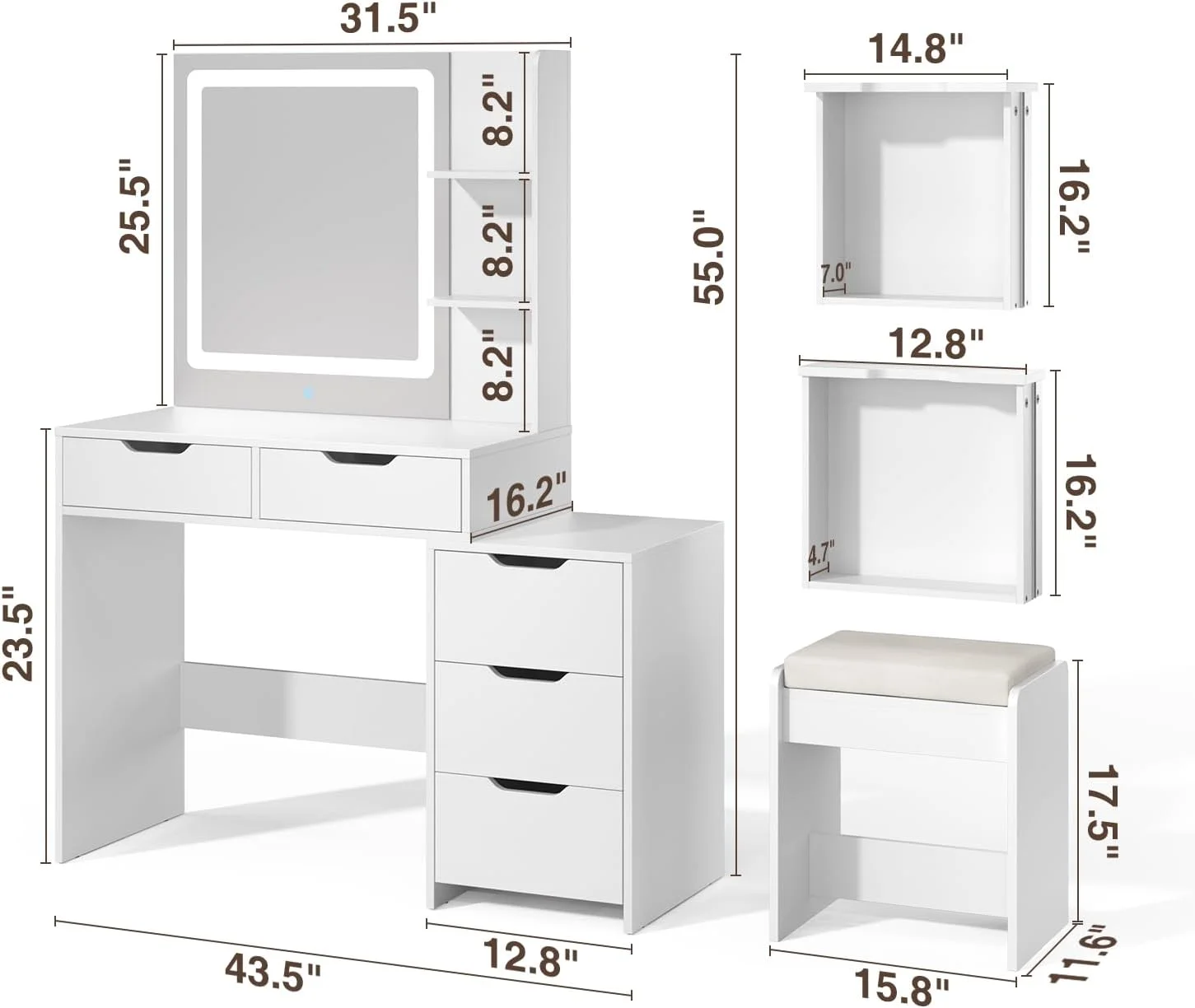 Makeup Vanity Desk with Mirror and Lights, 43.5�� Vanity Table with 5 Drawers & Storage Shelves, White