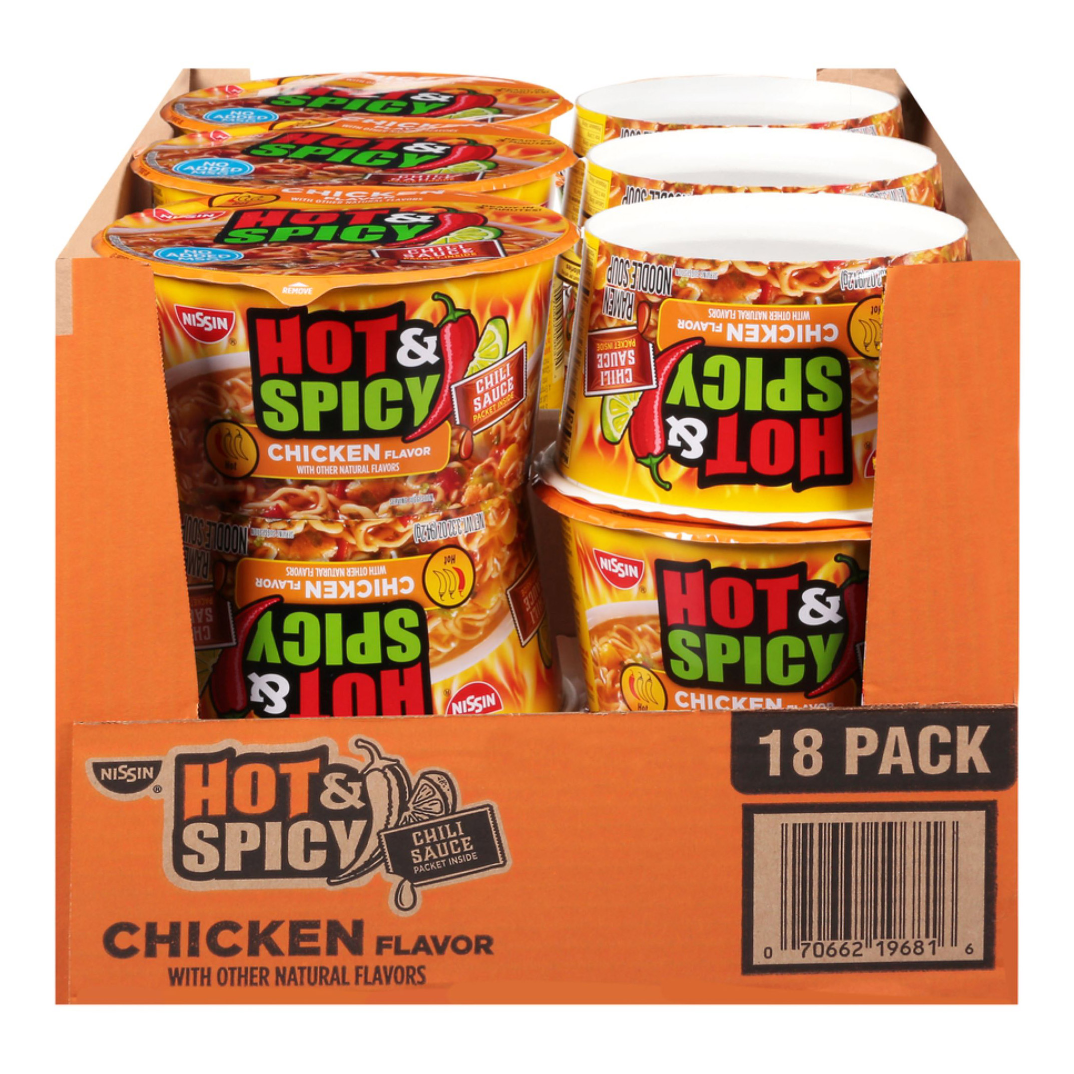 Nissin, Hot & Spicy Noodle Bowl, Chicken, 3.32 oz, 18-Count