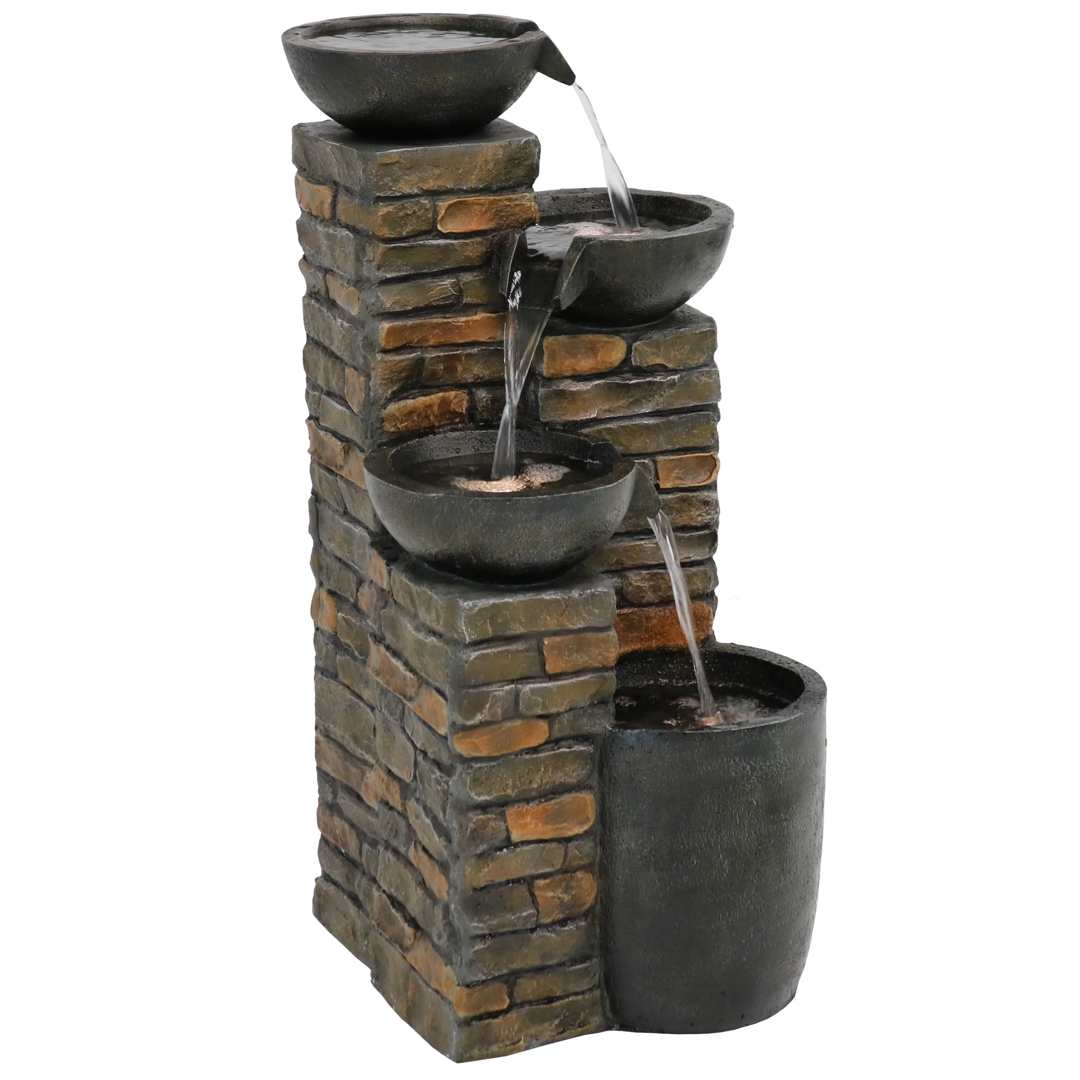 Sunnydaze Staggered Bowls Polyresin Outdoor Water Fountain with Light