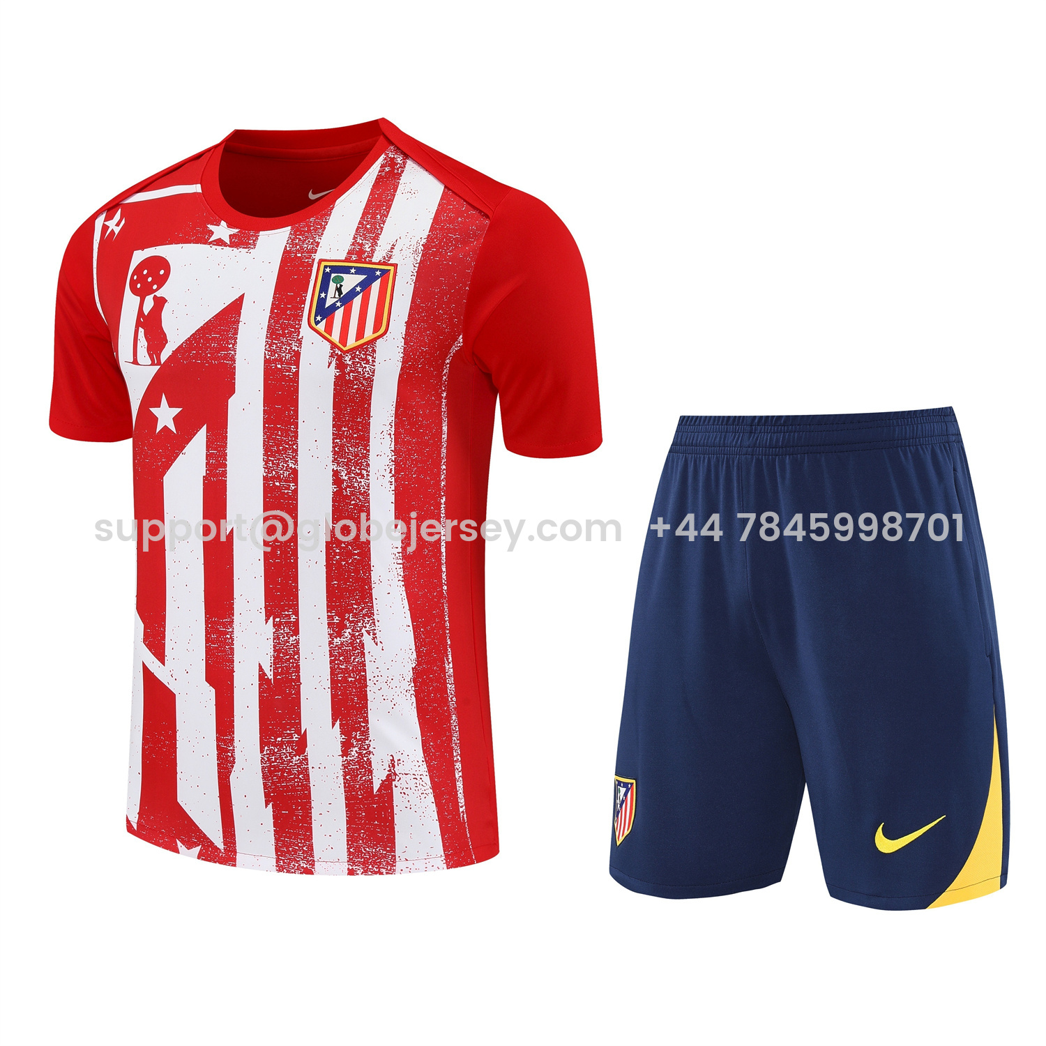 Atletico Madrid Short-Sleeve Training Set - Red White Top & Blue Shorts