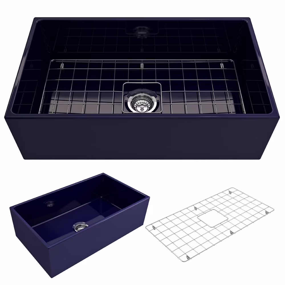 BOCCHI Contempo Apron Front Fireclay 33 in. Single Bowl Kitchen Sink with Protective Bottom Grid and Strainer in White