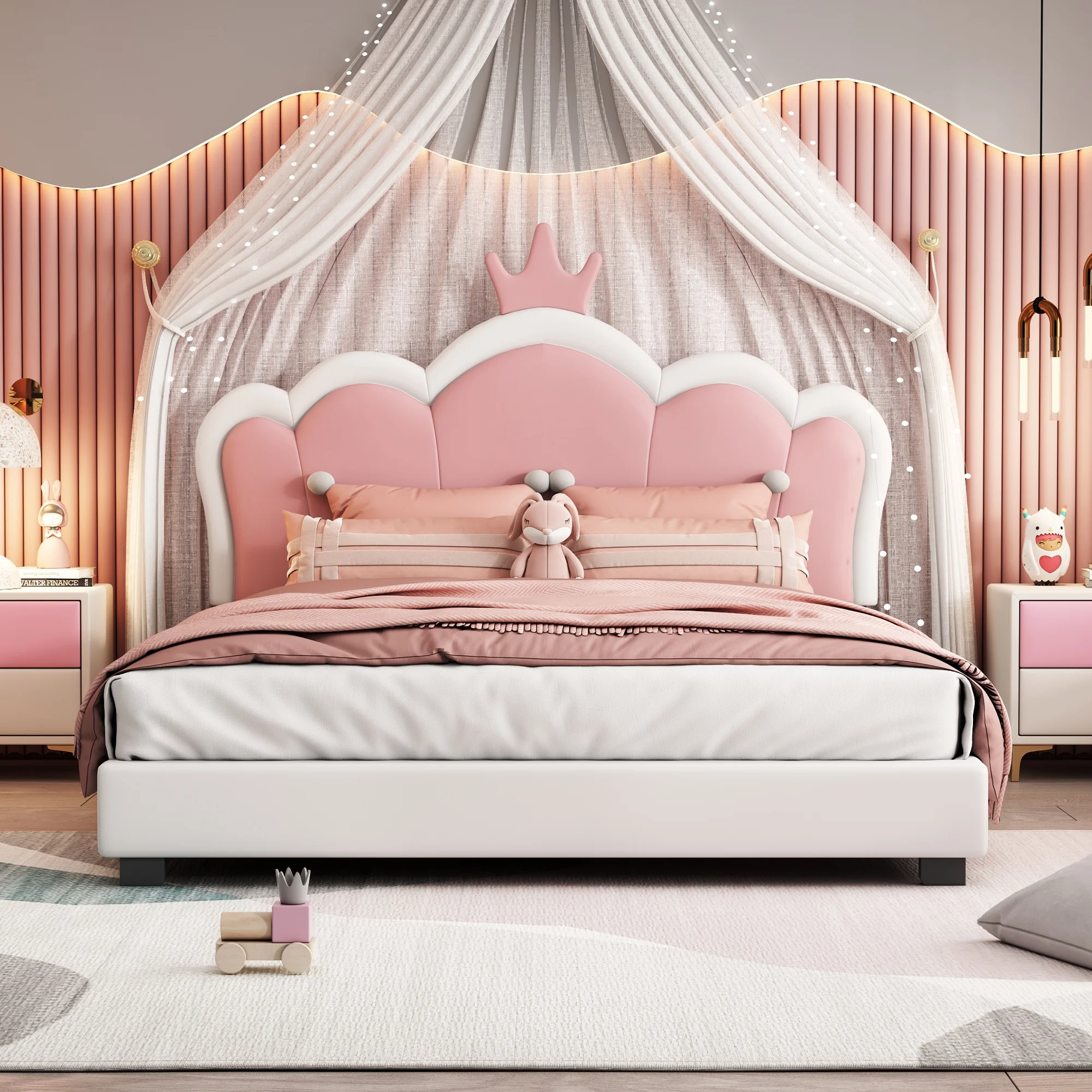 Sesslife Full Size Bed Frame with PU Leather Crown HeadBoard, Comfy Upholstered Bed with Strong Slats Support, Wood Platform Bed Cute Bed, Easy Assembly, No Box Spring Needed, Pink & White