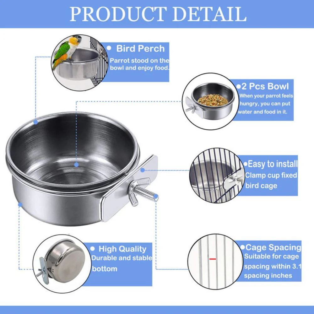 Trianu 2 Pack Bird Feeding Dish Cups Parrot Stainless Steel Food Water Dish Platform Feeder Cage Bowl with Clamp Holder for Cockatiel Budgies Parakeet Macaw
