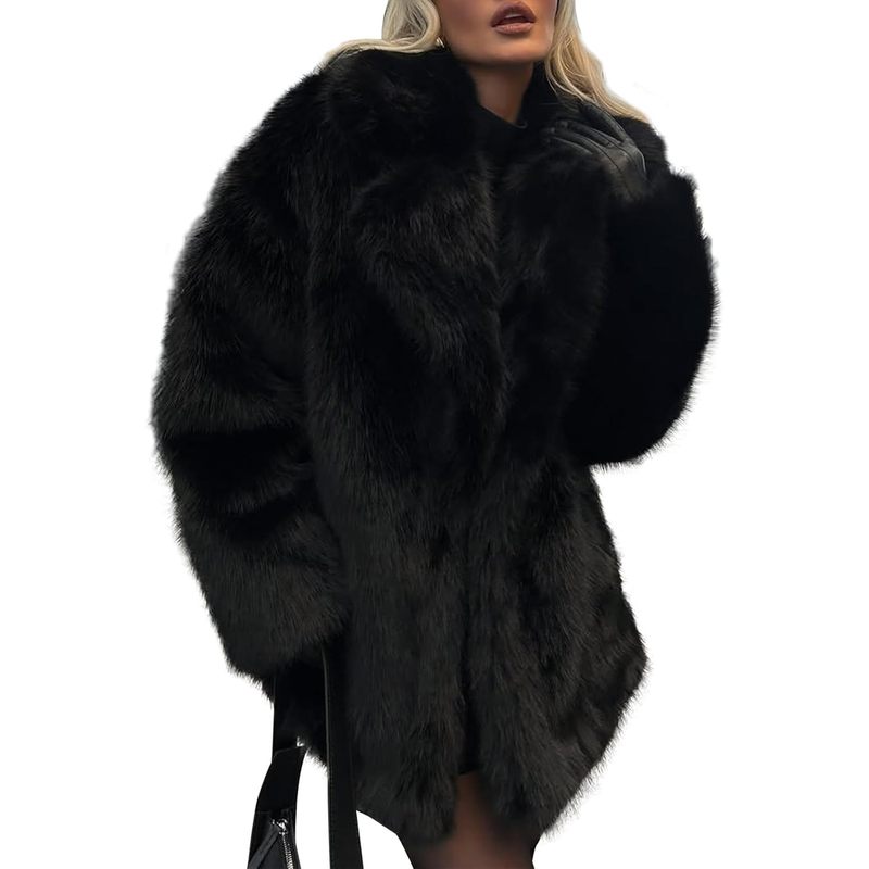 Women Faux Fur Coat Lapel Warm Open Front Winter Outerwear