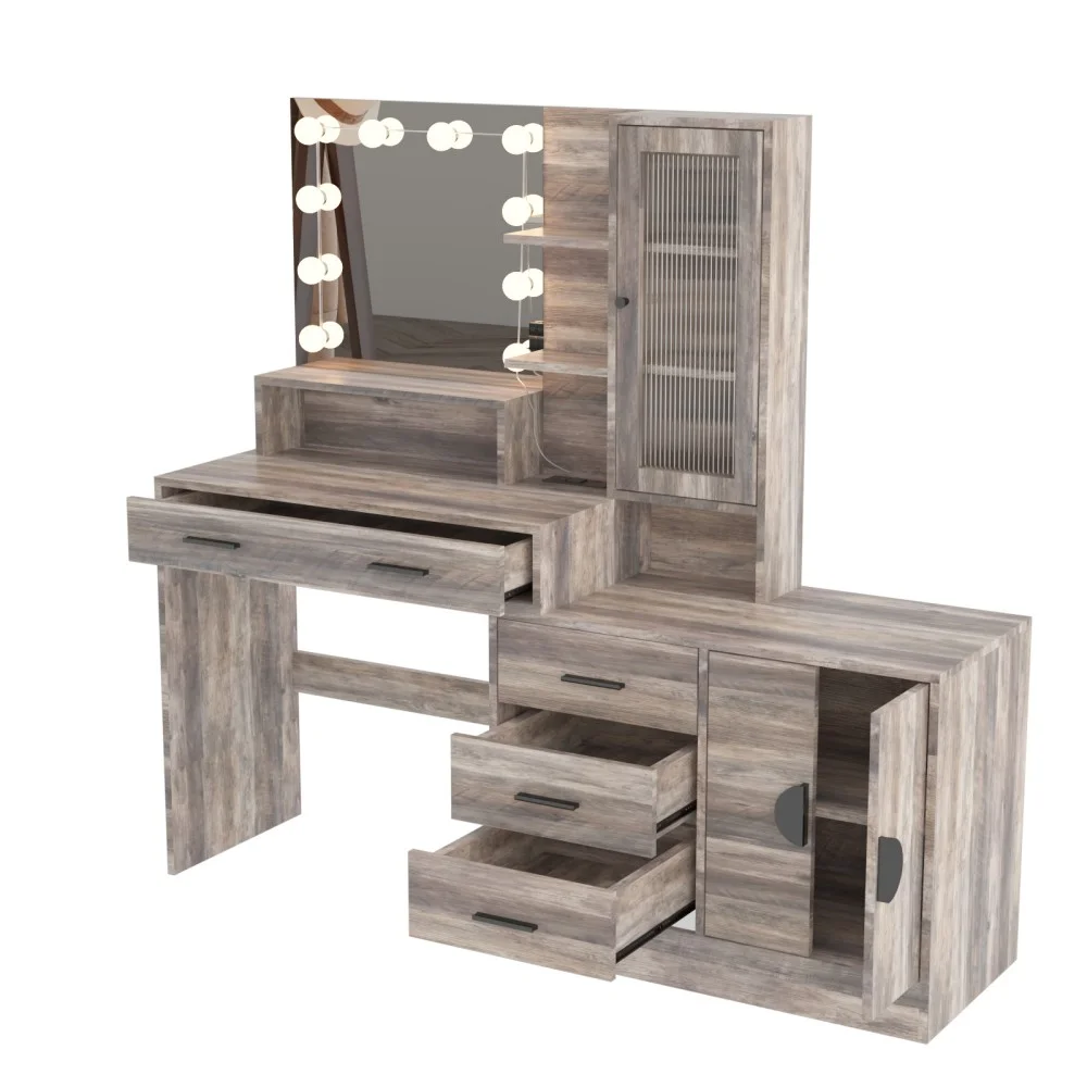 IVV Vanity Desk with Lighted Mirror and Charging Station, Makeup Dressing Table with 5 Drawers and Storage Cabinet, 10 LED Bulbs, 3-Color Lighting Modes, Brightness Adjustable, Black