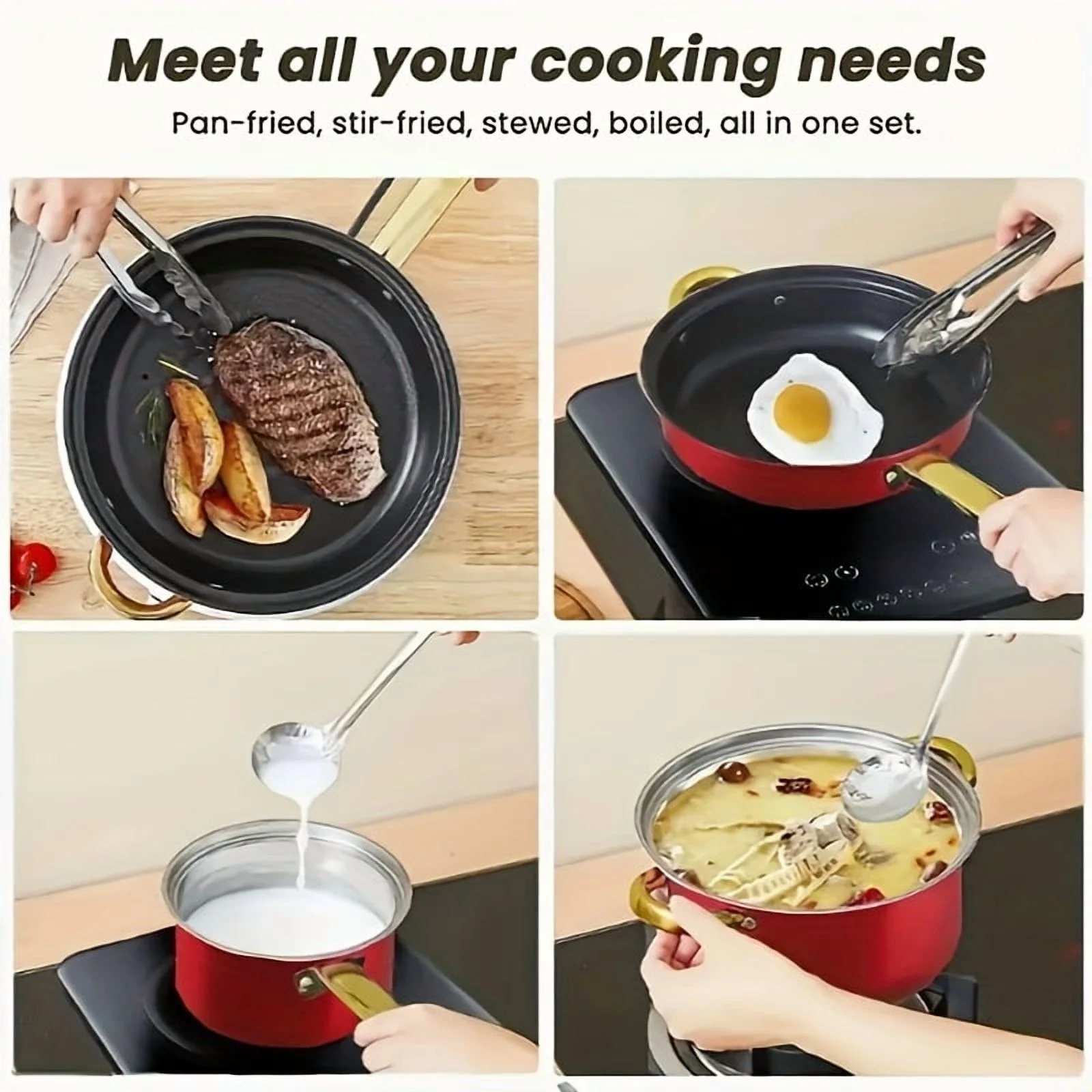 Red 18pcs Stainless Steel Cookware Set, Non-stick Cookware Set, Heat-resistant, Frying Pan, Saucepan, Stew Pot, Multifunctional, Stylish, Durable, Suitable For All Stoves