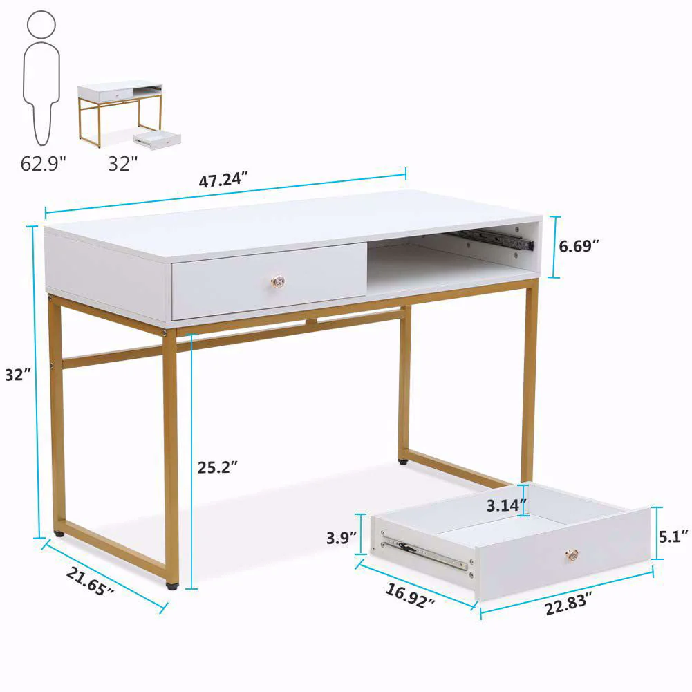 TribeSigns Computer Desk, Modern Simple 47 inch Home Office Desk Study Table Writing Desk with 2 Storage Drawers, Makeup Vanity Console Table, White and Gold