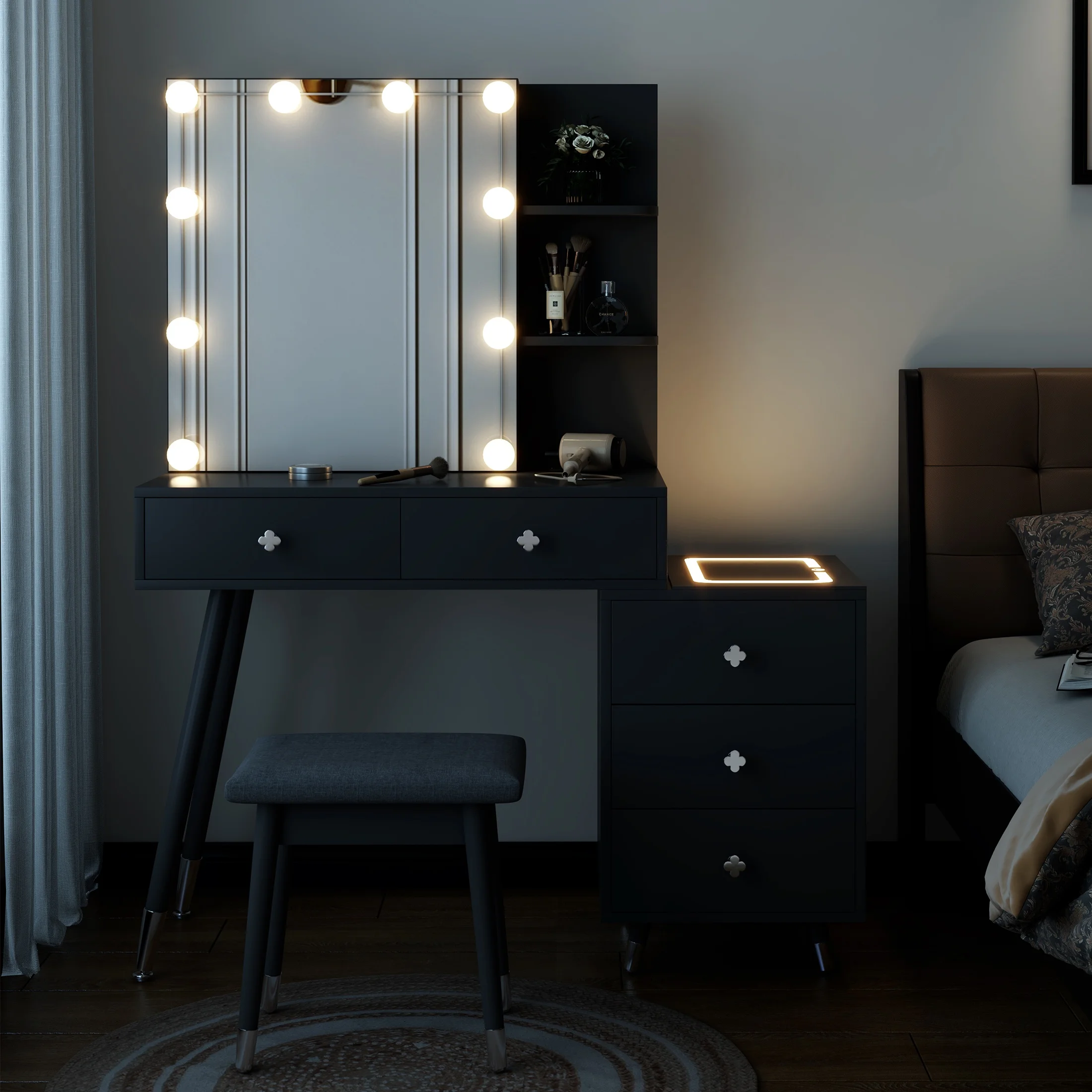 Vanity Set with Stool, Black Vanity Desk with Mirror, 5 Drawers and 2-Layer Shelves, LED Three-Tone Lighting, Particle Board With Triamine Coating, Solid Wood Legs With Copper Sheath Decoration