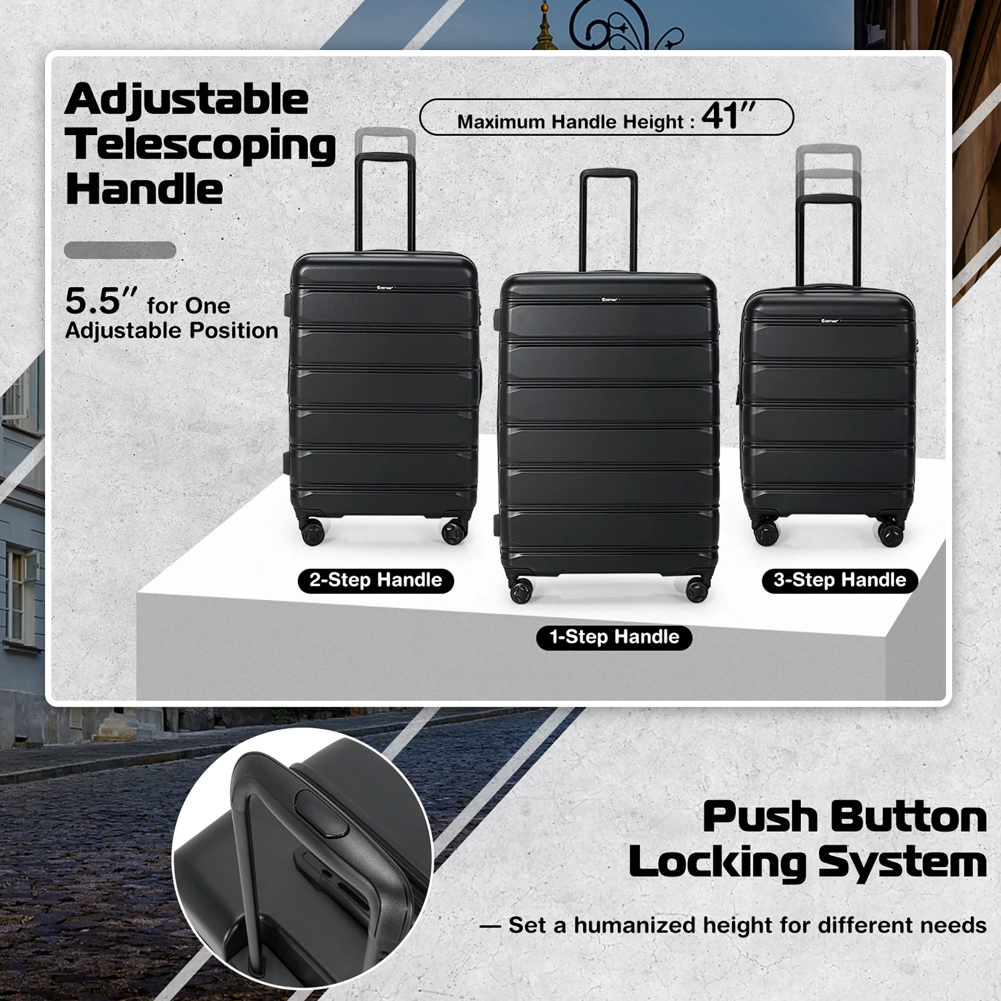 Costway 3 Piece Hardshell Luggage Set Ex pandable Suitcase w/ TSA Lock & Spinner Wheels