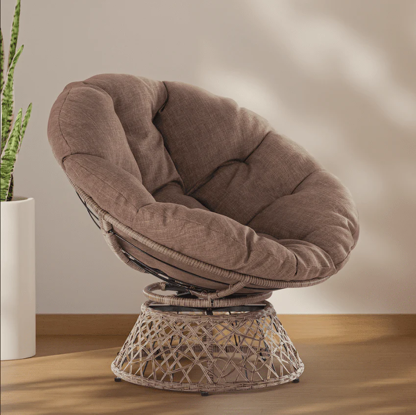 Aile 360 Swivel Comfy Papasan Chair with Fabric Cushion, Sturdy Metal Frame (Pure Pearl - White Frame)