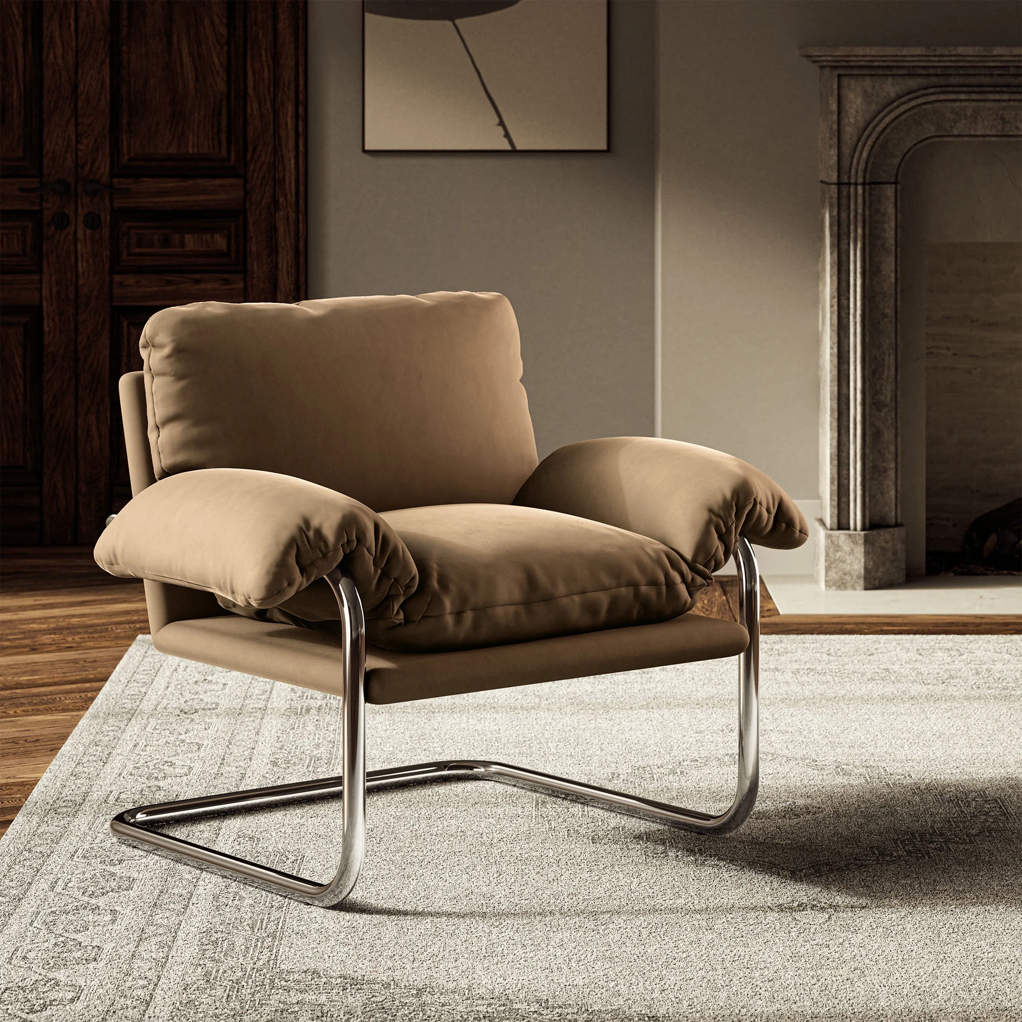 Accent Chair, Brown, Velvet, Living Room Lounge Cafe Lobby Hospitality Restaurant, Modern Contemporary, HB37765