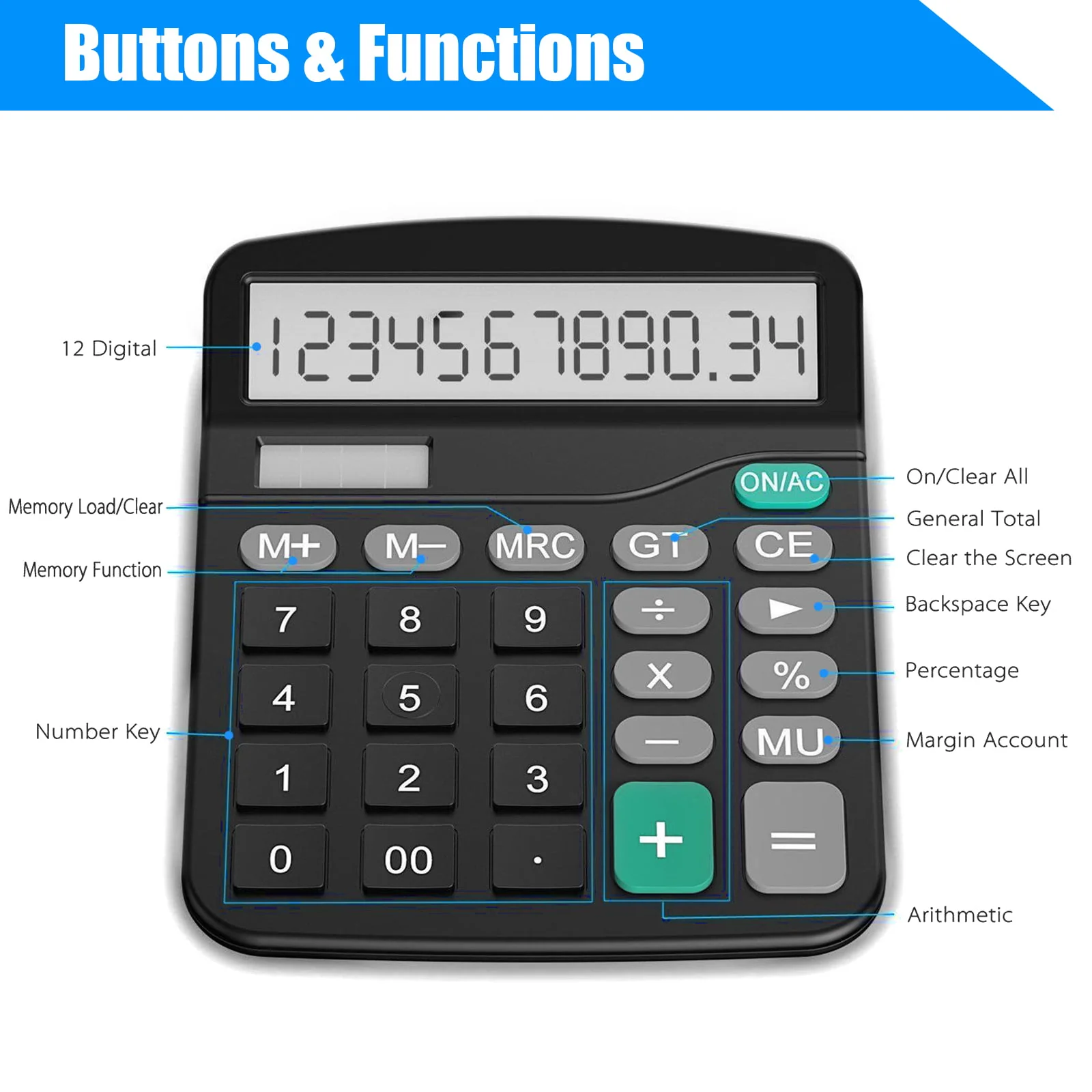 Office Calculator, TSV Standard Function Desktop Calculator with 12 Digit Large LCD Display, Solar and Battery Dual Power