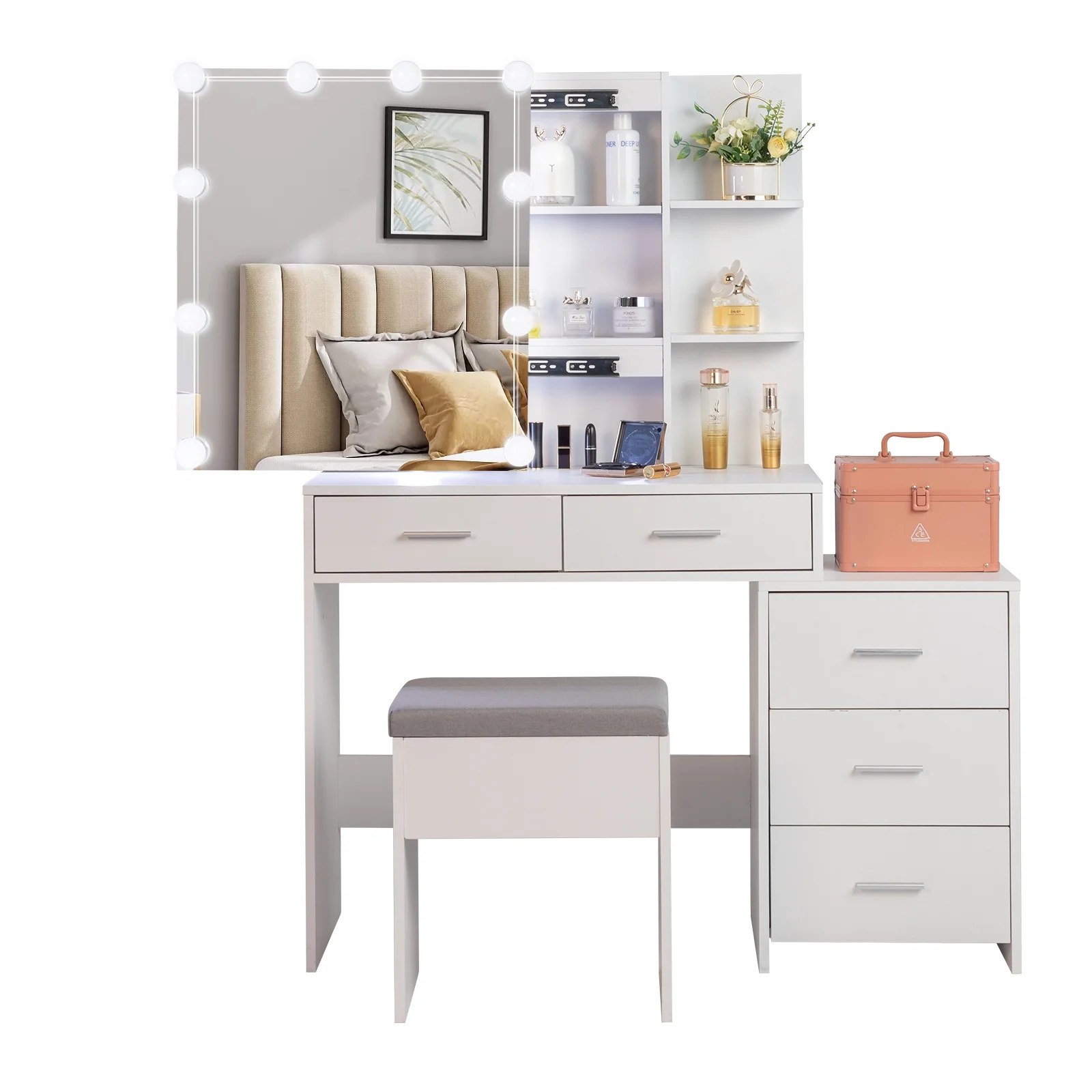 Ktaxon Flutted Makeup Vanity Table Set with 5 Drawer, Dressing Table w/Charging Station, Vanity Desk for Femal Gift, White
