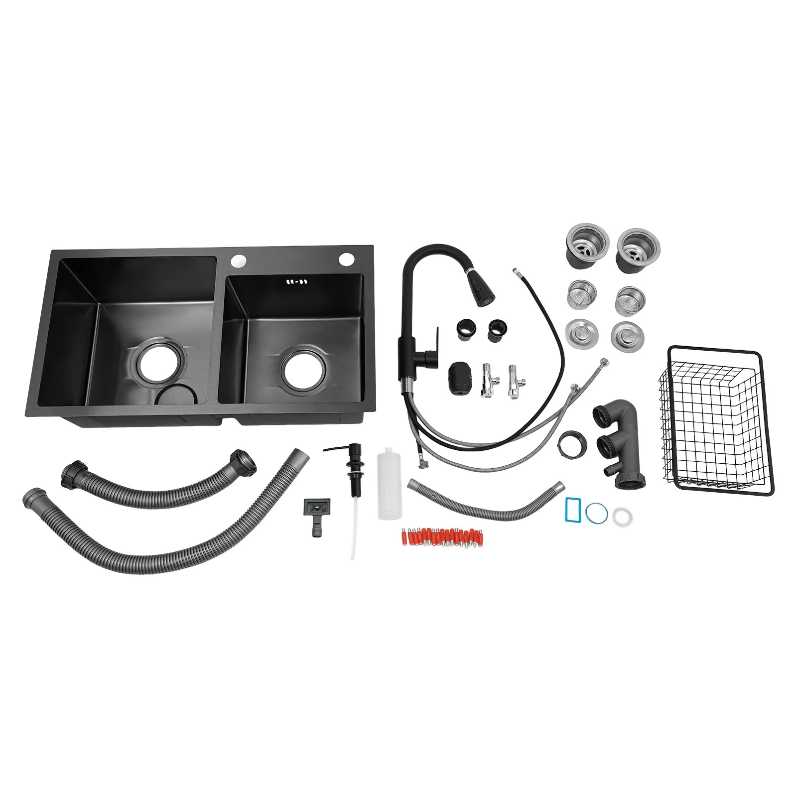 Laundry Sink with Cabinet & Pull-Out Faucet, Kitchen Sink Cabinet with Draining Basket, Stainless Steel Double Bowl Utility Sinks, Wash Station Tub for Kitchen, Laundry Room (Black)