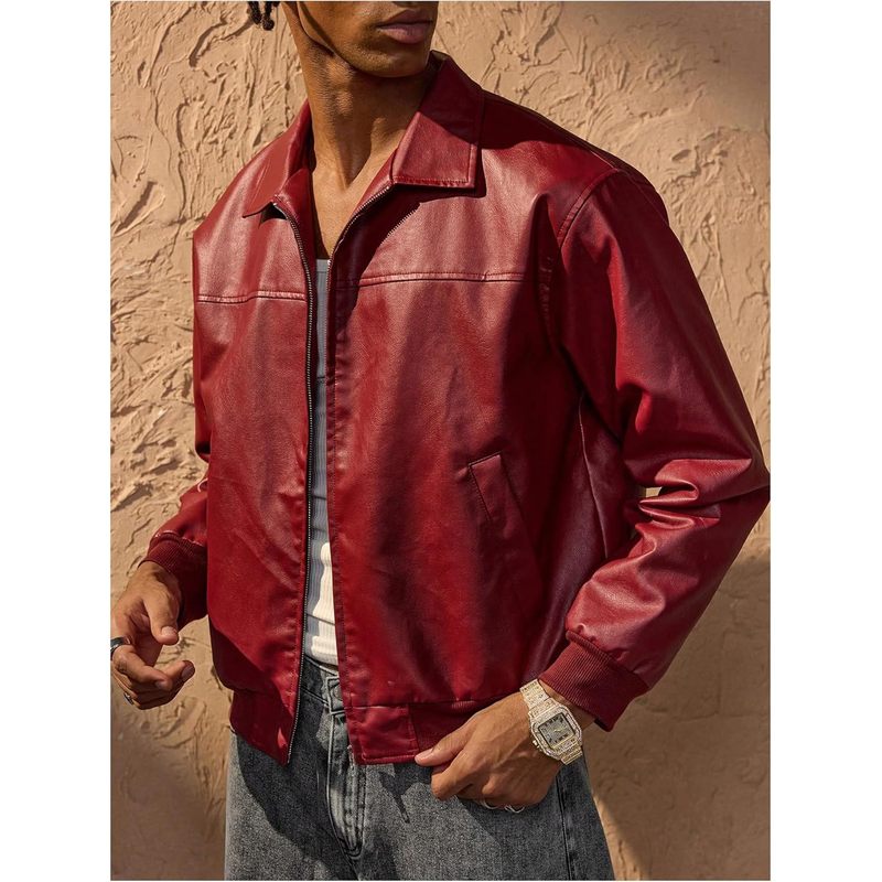 Men's Leather Jacket Zip Up Collared Bomber Jackets with Pockets