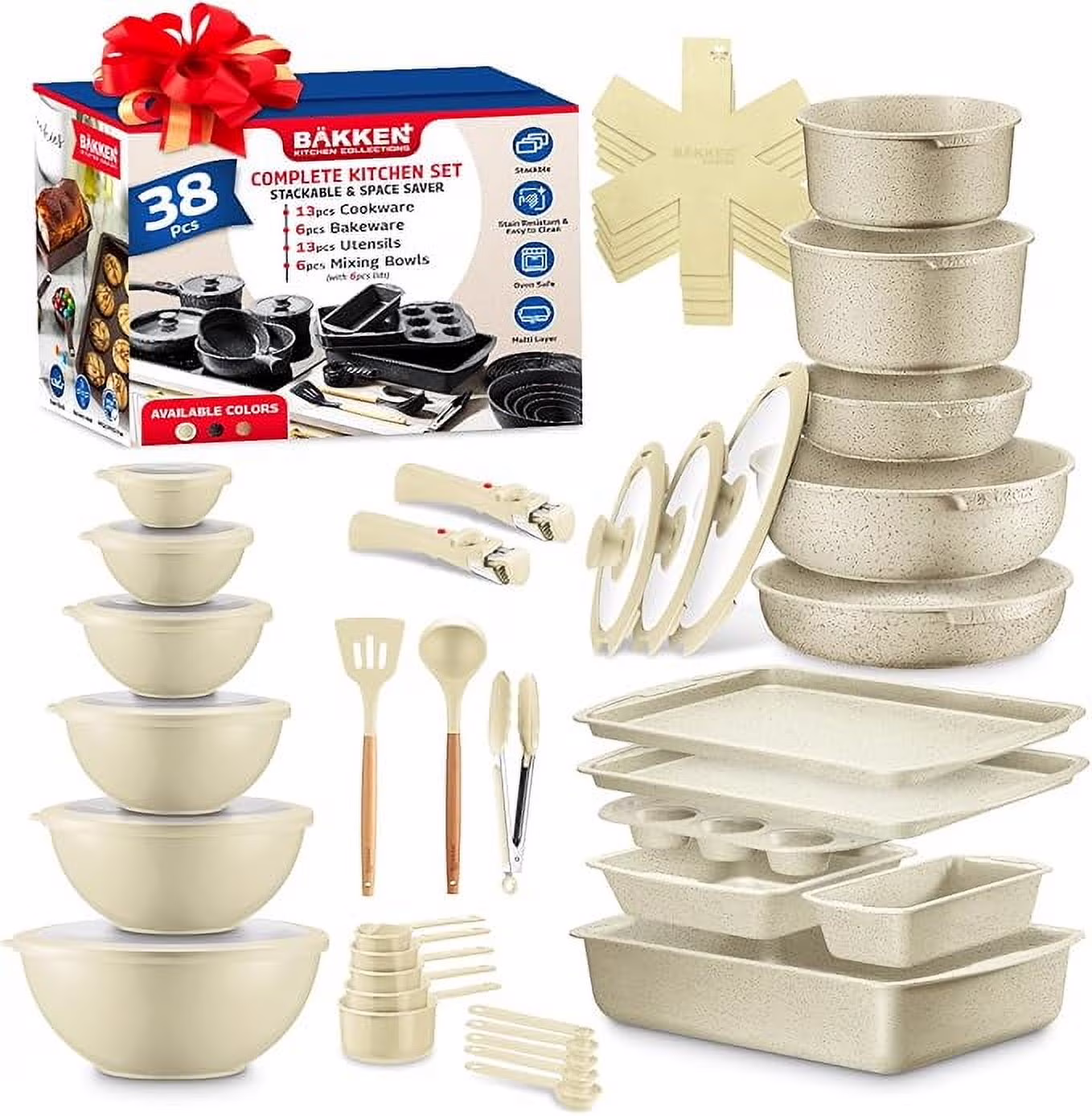 Bakken Master 38 Piece Granite Cookware and Bakeware Set �C Nonstick Granite Coating, Pots and Pans with Detachable Handles and Tempered Glass Lids, 6-piece Bakeware set, 12-piece Mixing Bowls,Brown