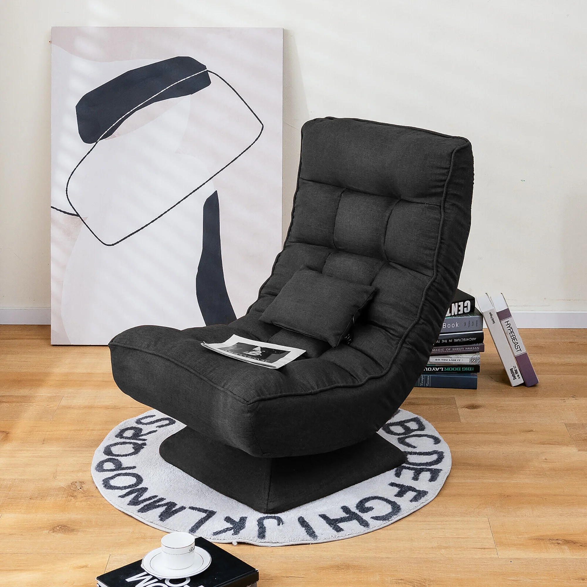 Costway 360�� Swivel Floor Chair 5-Level Adjustable Lazy Chair w/ Massage Pillow Black