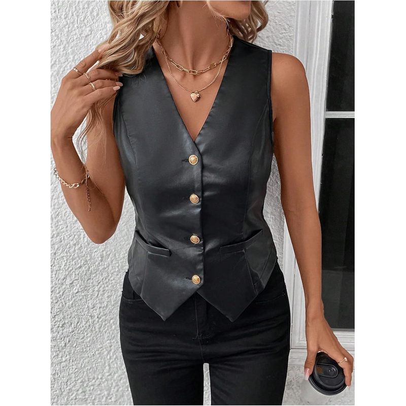 Women's PU Leather Button Down V Neck Sleeveless Jacket Vest Waistcoat