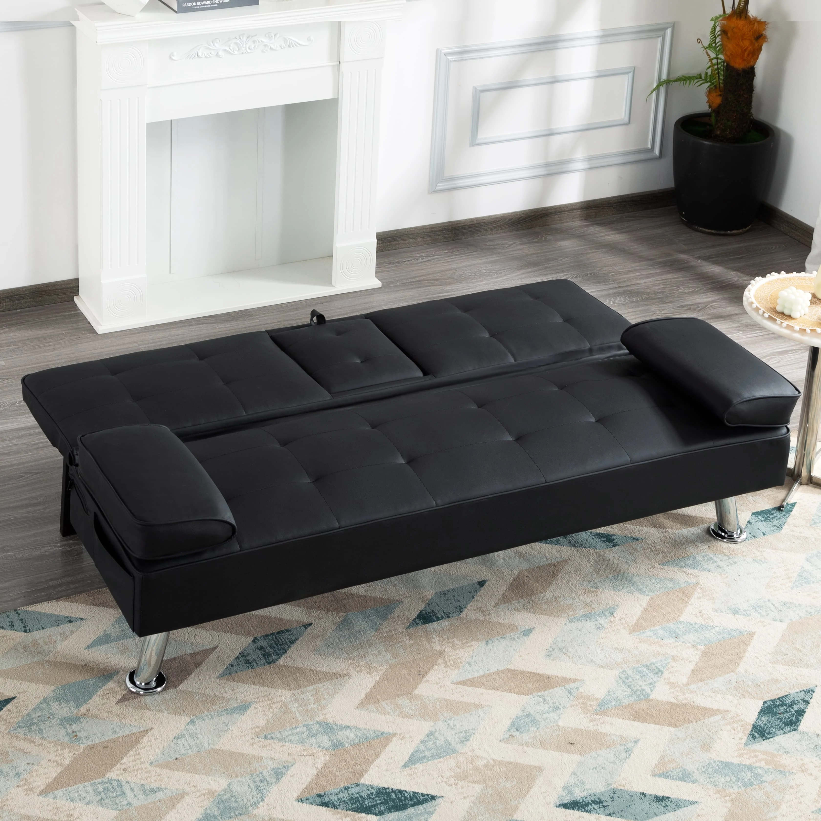 BSHTI 65.3�� Futon Sleeper Sofa Bed,Tailored PU Upholstery Futon Sleeper,3 Angles for Adjusting Sofa,for Home,Office,and Guest Room Black
