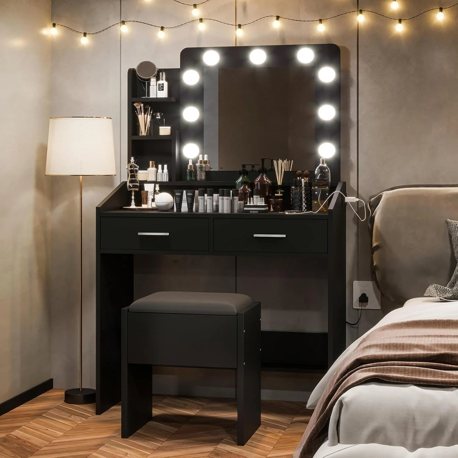 OYang Makeup Vanity with Lights, Vanity Desk with Mirror and Lights Set, Large Drawer and Two-Tier Lots Storage Cabinet, 3 Lighting Modes Adjustable Brightness