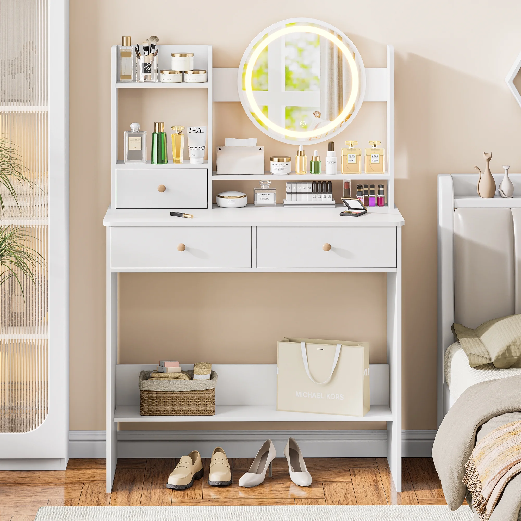 Vanity Desk with LED Lighted Mirror, Makeup Vanity Desk with 3 Drawers & Storage Shelves, 3 Color Modes, Dressing Table for Bedroom, White