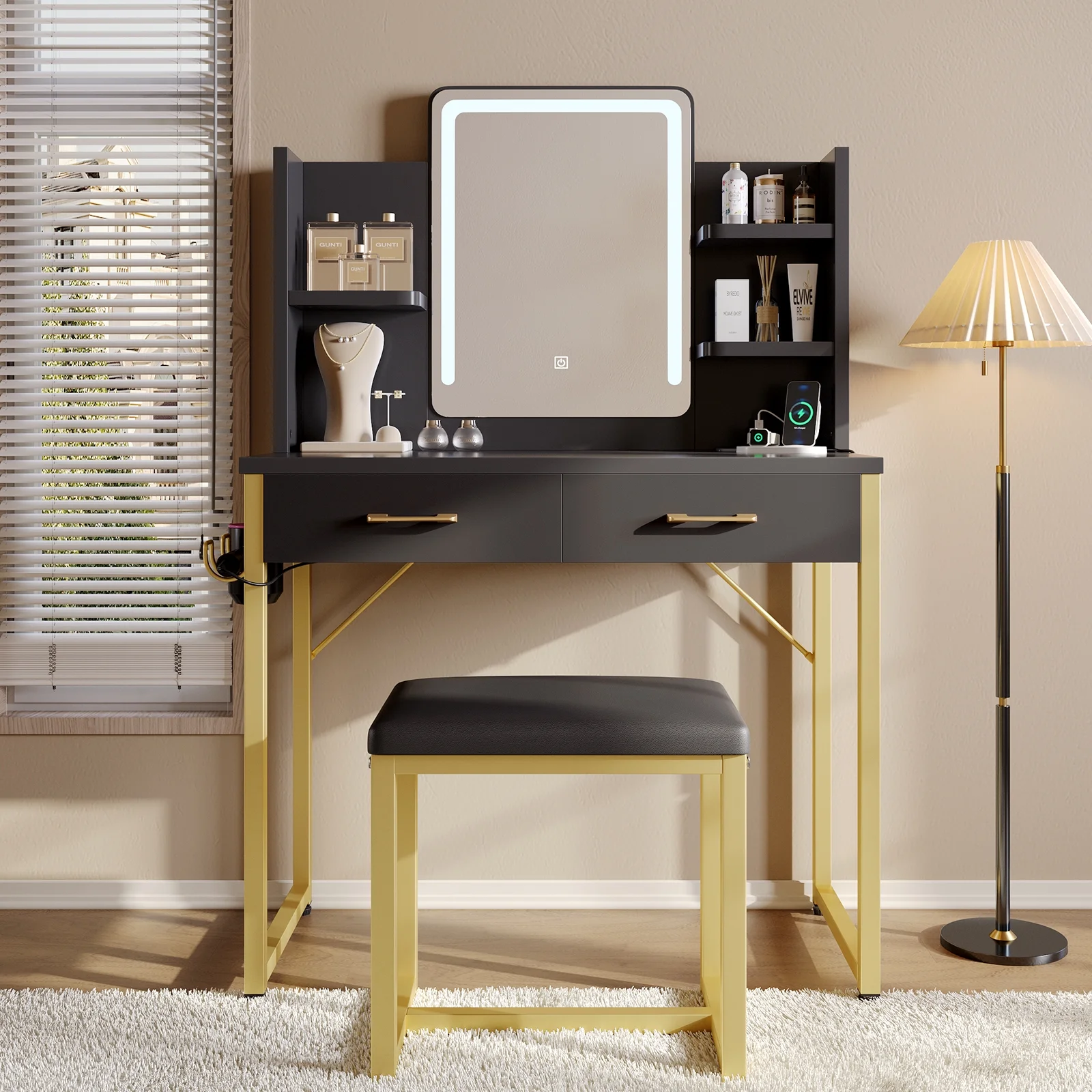 Bestier Makeup Vanity Set with Mirror and Lights, Vanity Desk with Drawers, Power Outlet & Cushioned Stool, Vanity Table for Bedroom,  Black