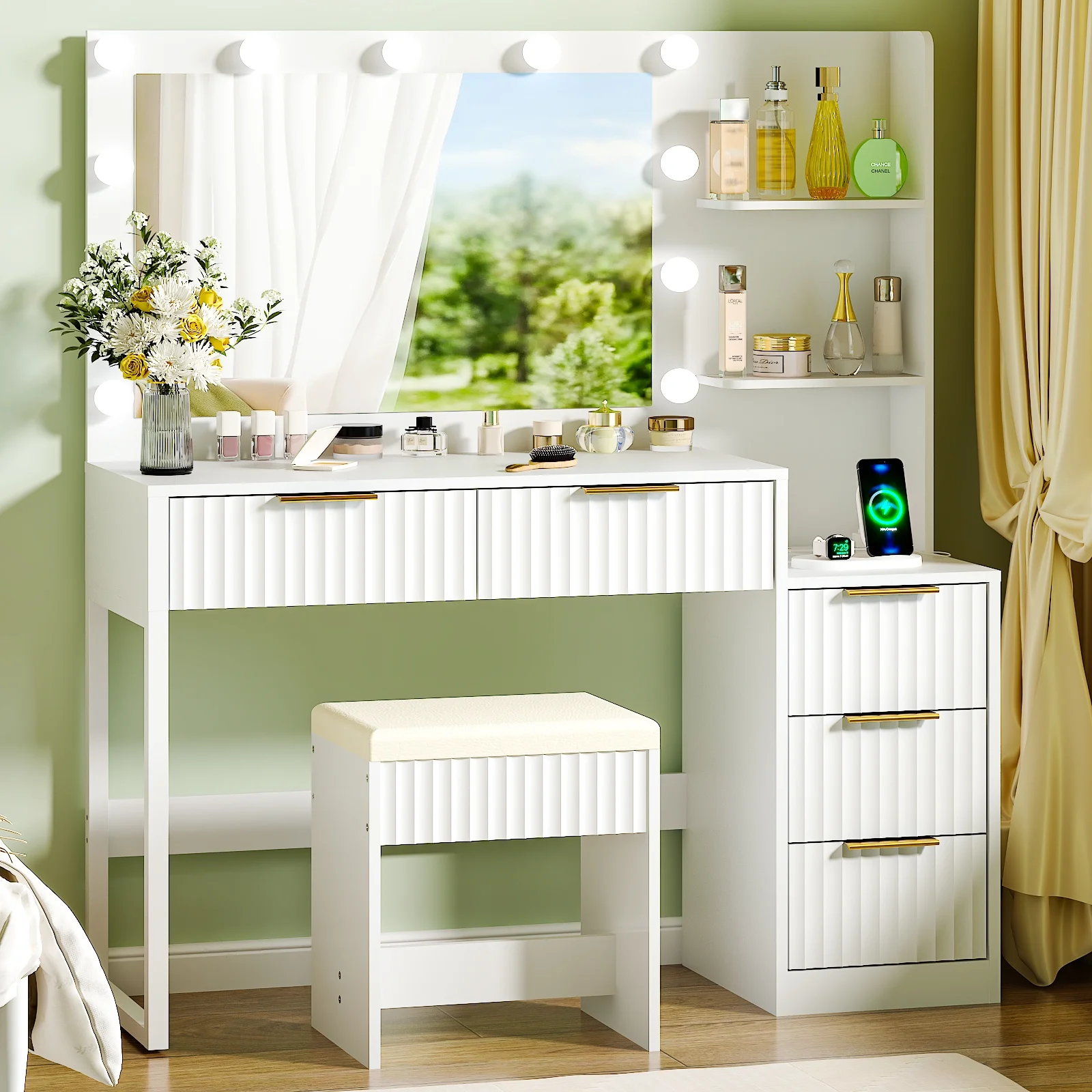 Ktaxon Flutted Makeup Vanity Table Set with 5 Drawer, Dressing Table w/Charging Station, Vanity Desk for Femal Gift, White