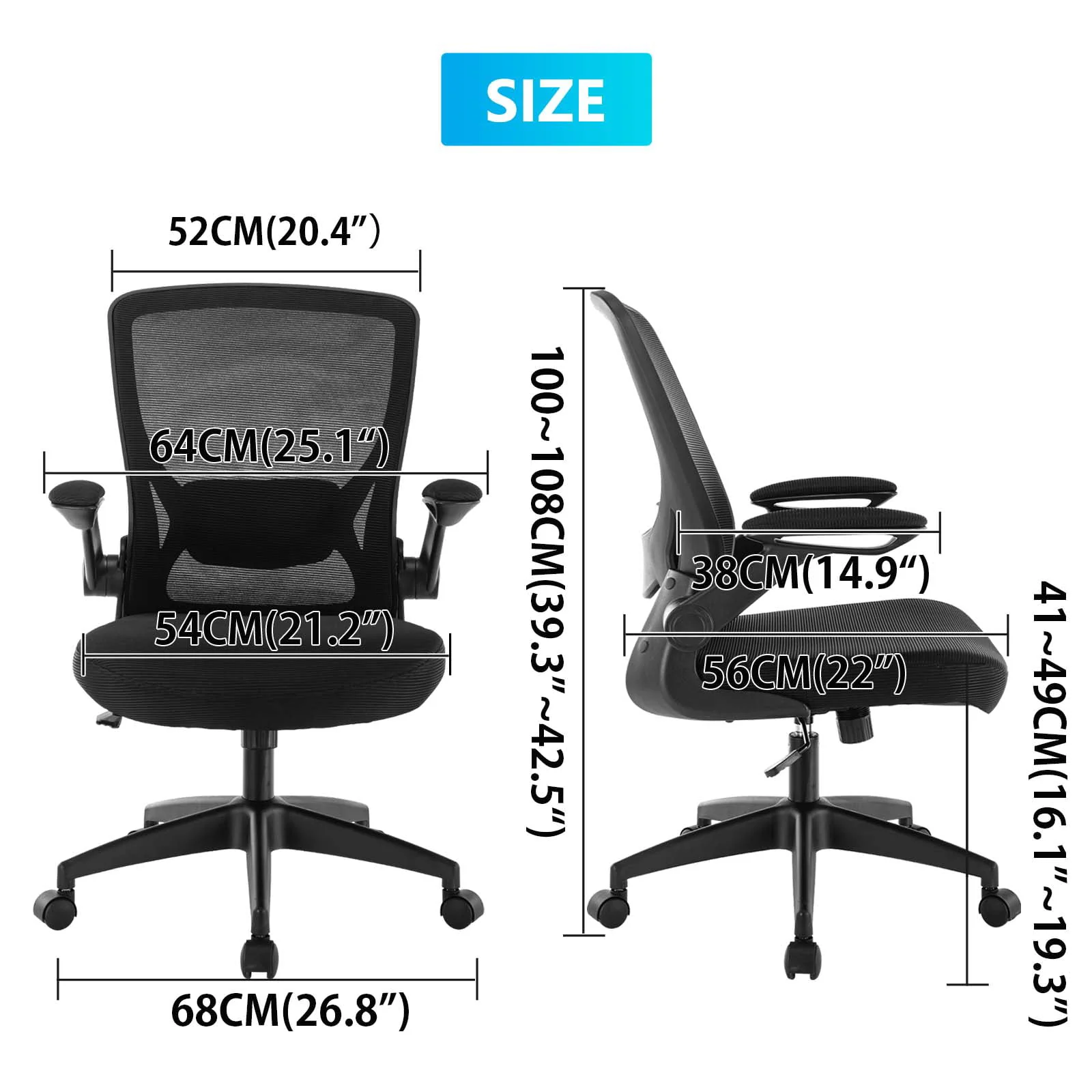 Coolhut Ergonomic Office Chair, Comfort Desk Chair with Adjustable Lumbar Support and Flip up Arms, 300lb, Black
