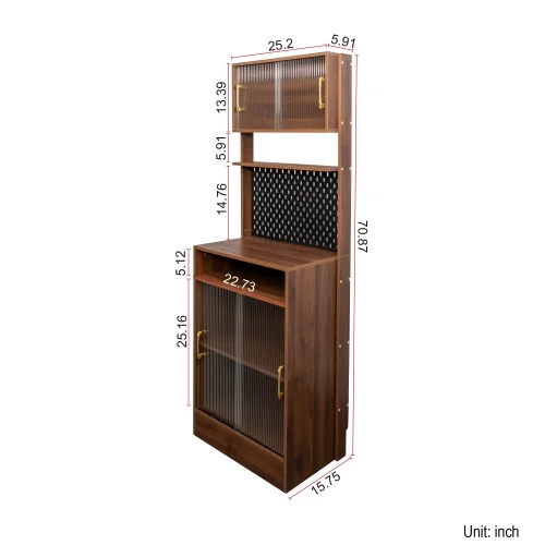 Kitchen Pantry Storage Cabinet with Hutch 25 inch Wide Tall Freestanding Food Kitchen Cabinet Pantry Cupboard with Reeded Glass Doors, Pegboard, Countertop Farmhouse 25 W x 71 H x 16 D Inch